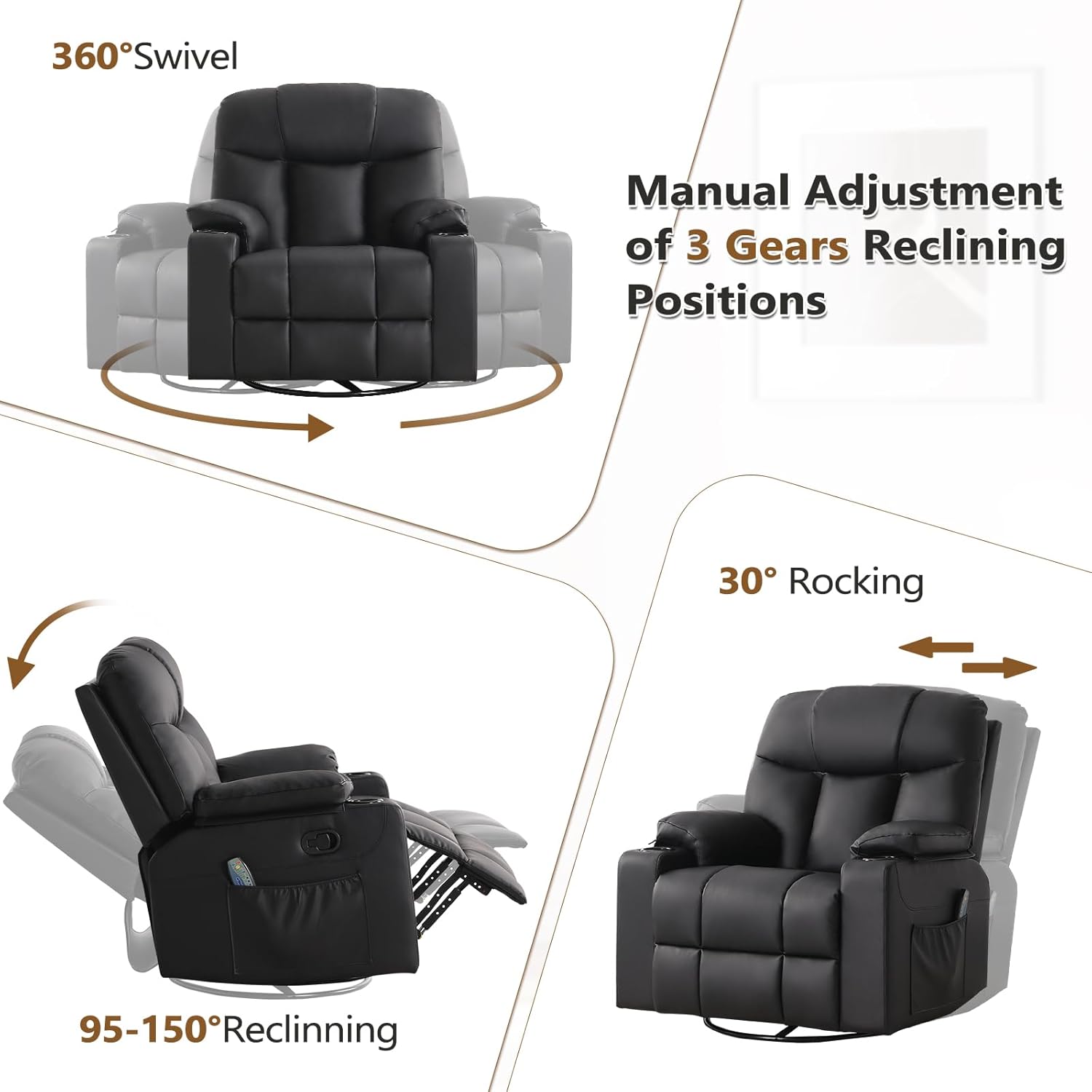 ANJ Swivel Rocker Recliner Chair Manual Fabric Small Space