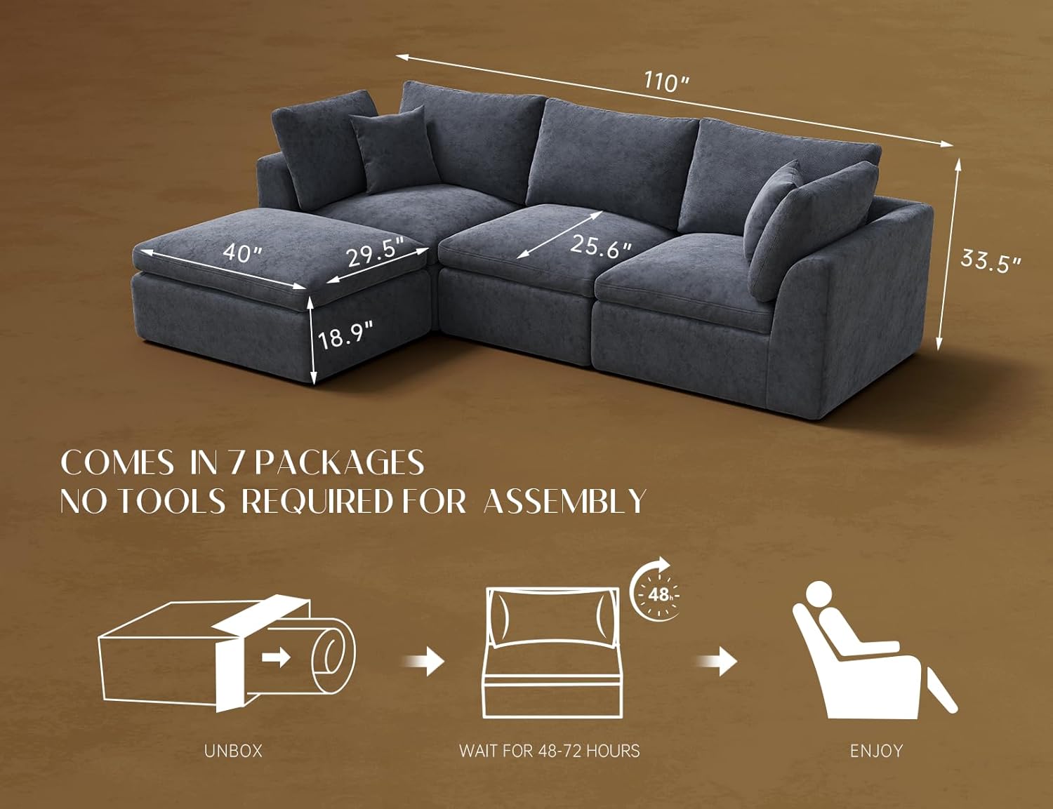 ohllob 110" Cloud Sectional Sofa L Shape Modular Couch with Ottoman 3 Seater