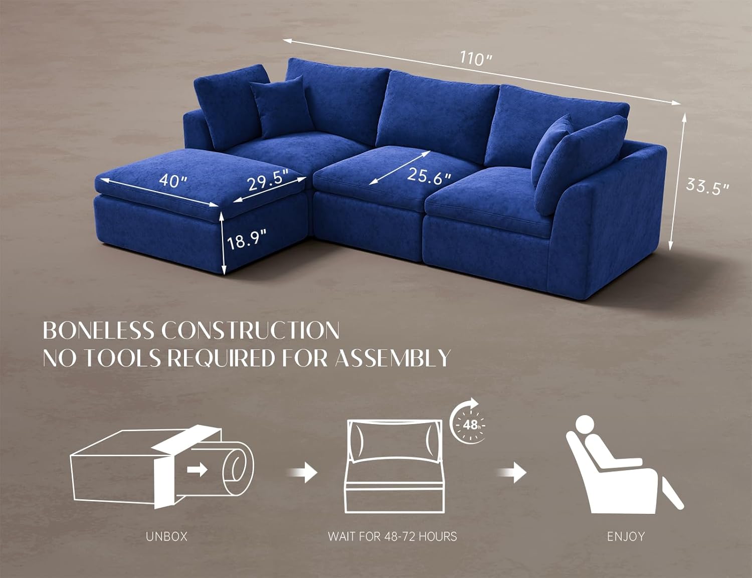 ohllob 110" Cloud Sectional Sofa L Shape Modular Couch with Ottoman 3 Seater