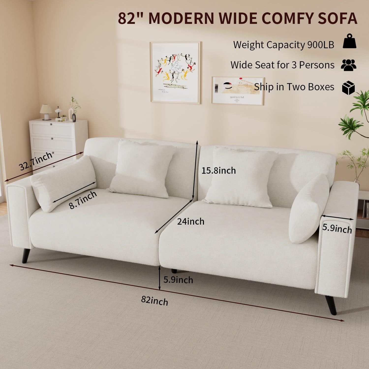 VOHOBY 82 Inch Modern Sofa Couch for Living Room with Pillows White