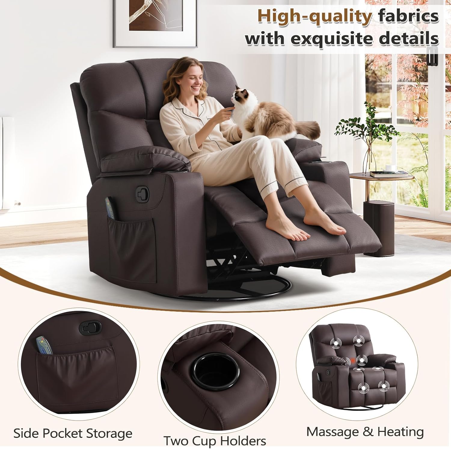ANJ Swivel Rocker Recliner Chair Manual Fabric Small Space