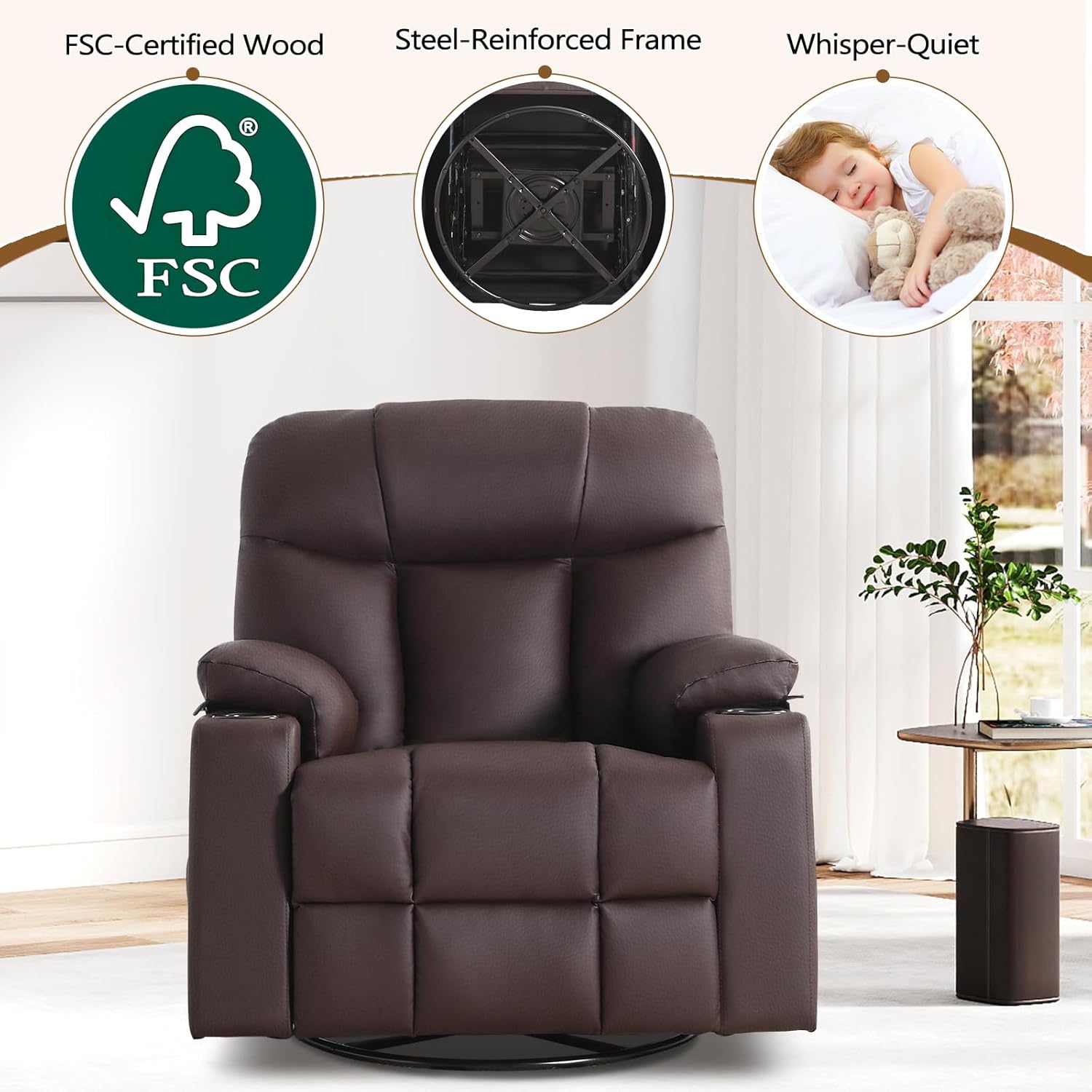 ANJ Swivel Rocker Recliner Chair Manual Fabric Small Space