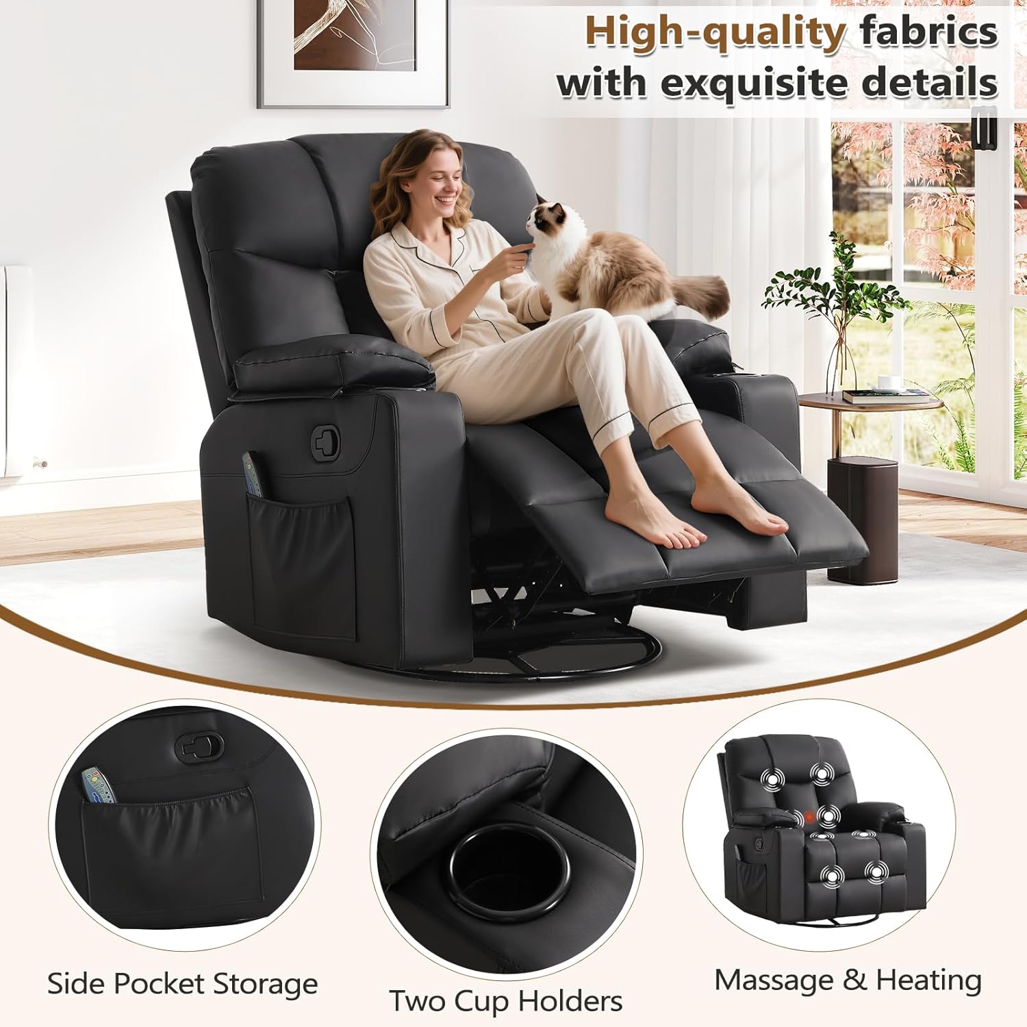 ANJ Swivel Rocker Recliner Chair Manual Fabric Small Space