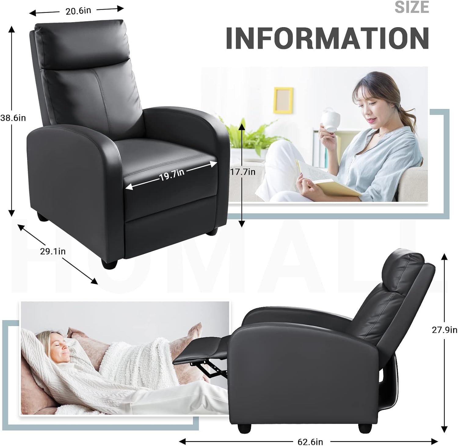 Homall Modern Recliner Chair PU Leather Padded Seat Single Sofa Home Theater