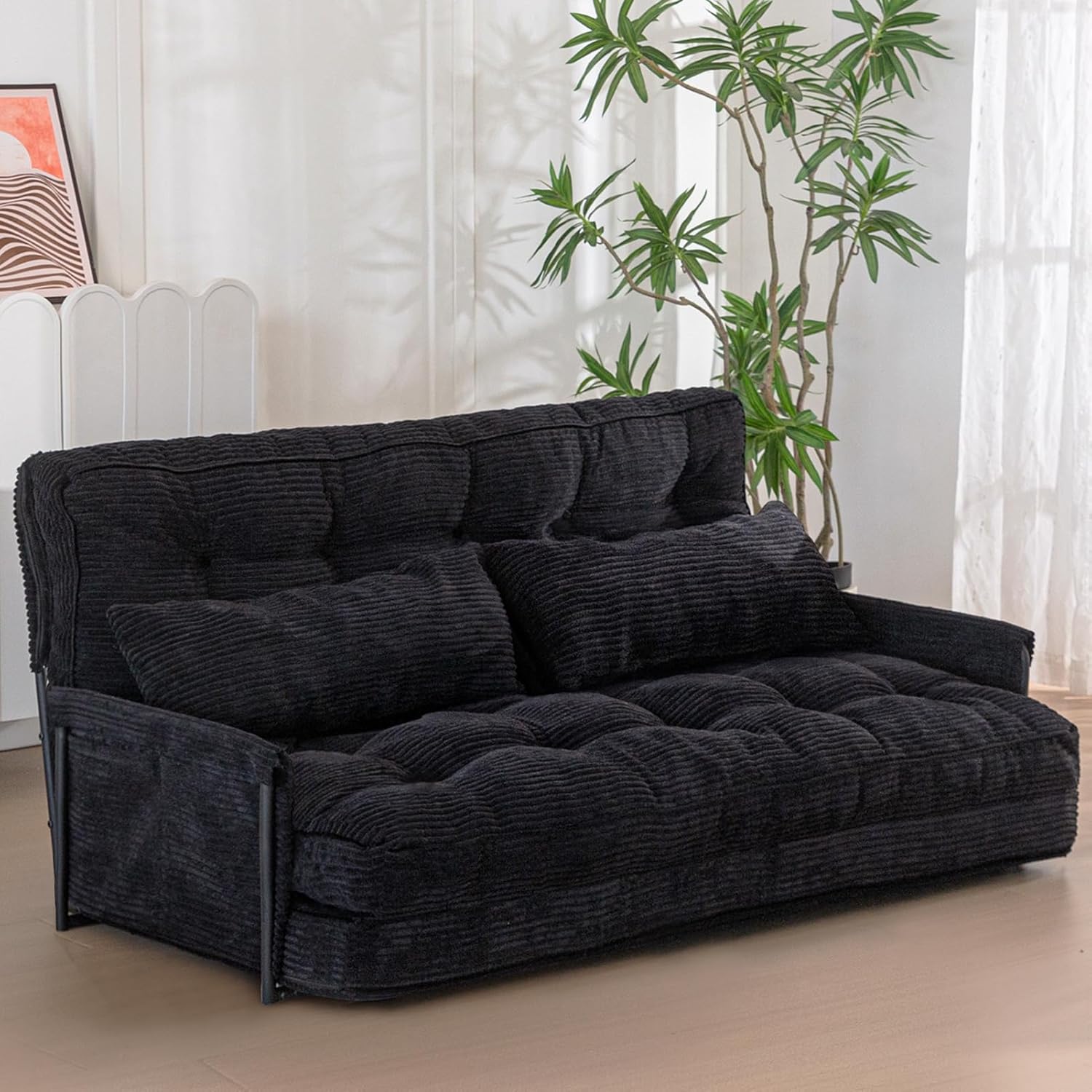 MAXYOYO Adjustable Floor Sofa Bed with Armrest Double Black Foldable Sleeper