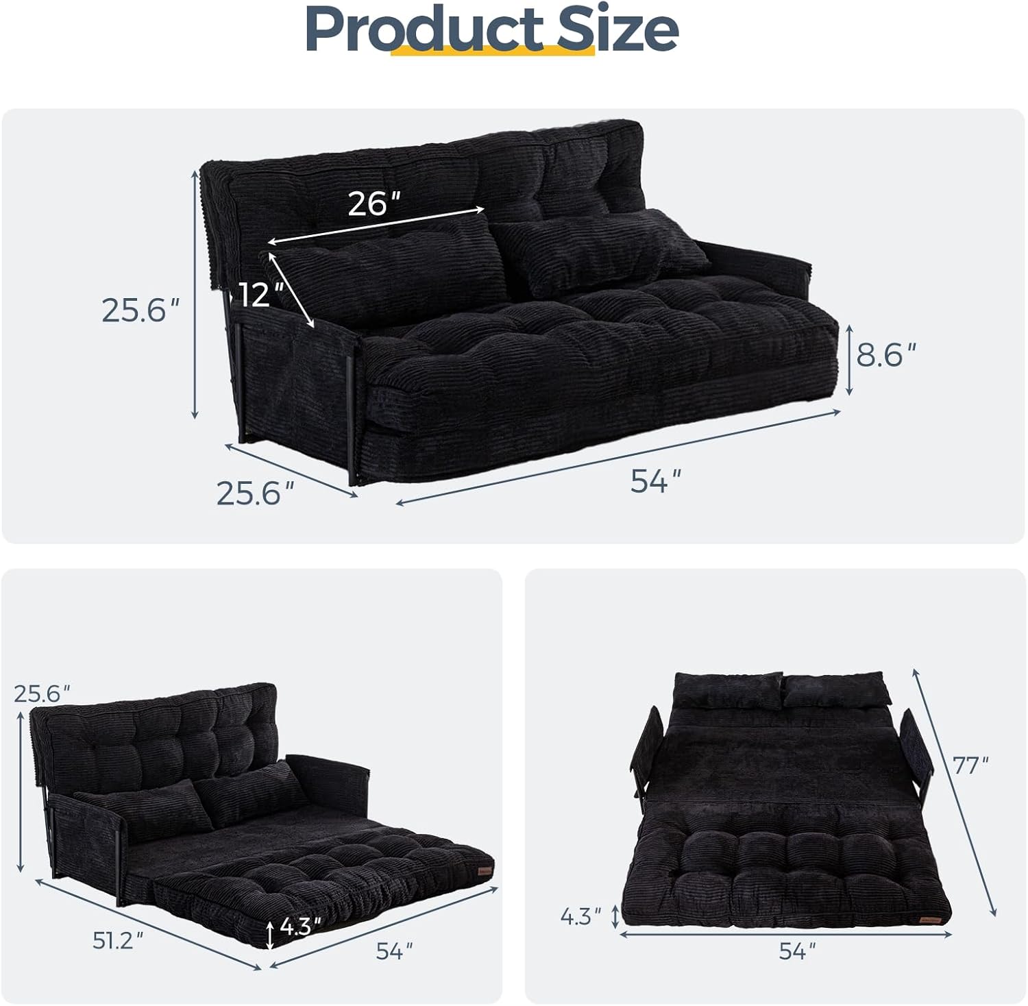 MAXYOYO Adjustable Floor Sofa Bed with Armrest Double Black Foldable Sleeper