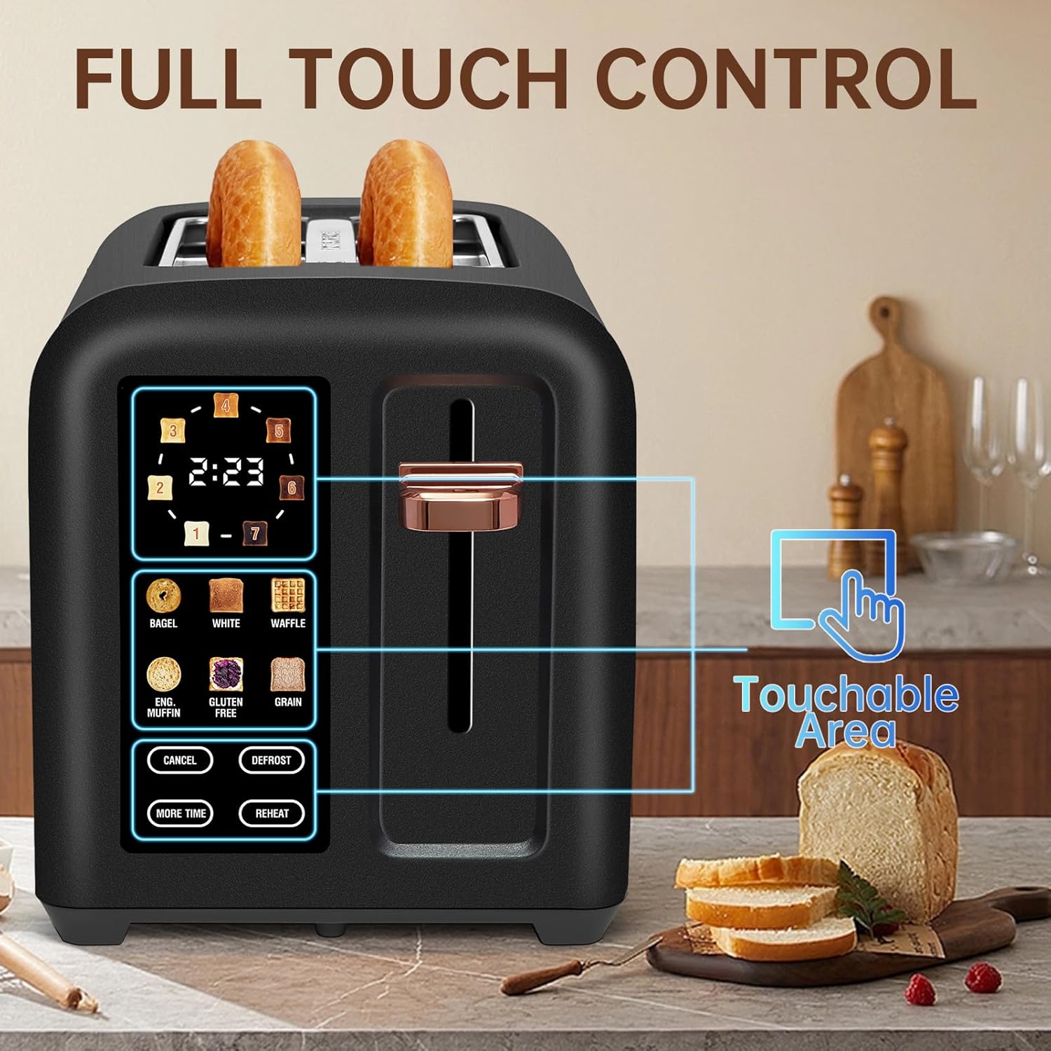 SEEDEEM 4 Slice Touch Screen Toaster LCD Display 7 Shade Settings Wide Slots 1800W