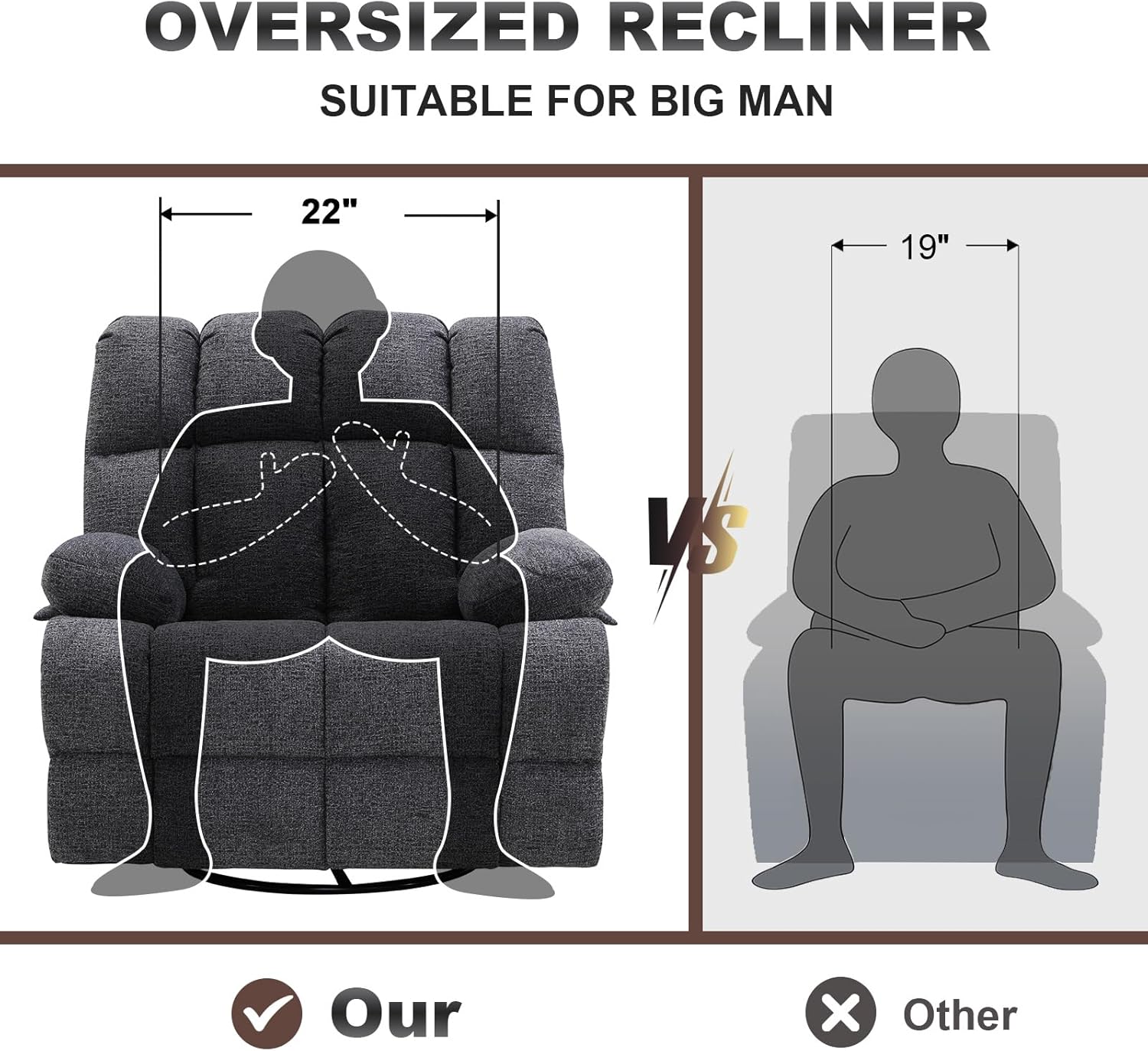 Eiayeebil Oversized Swivel Rocker Recliner Chair Extra Wide Manual Recliner