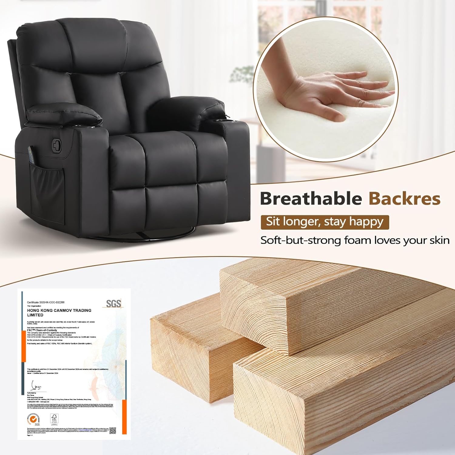 ANJ Swivel Rocker Recliner Chair Manual Fabric Small Space