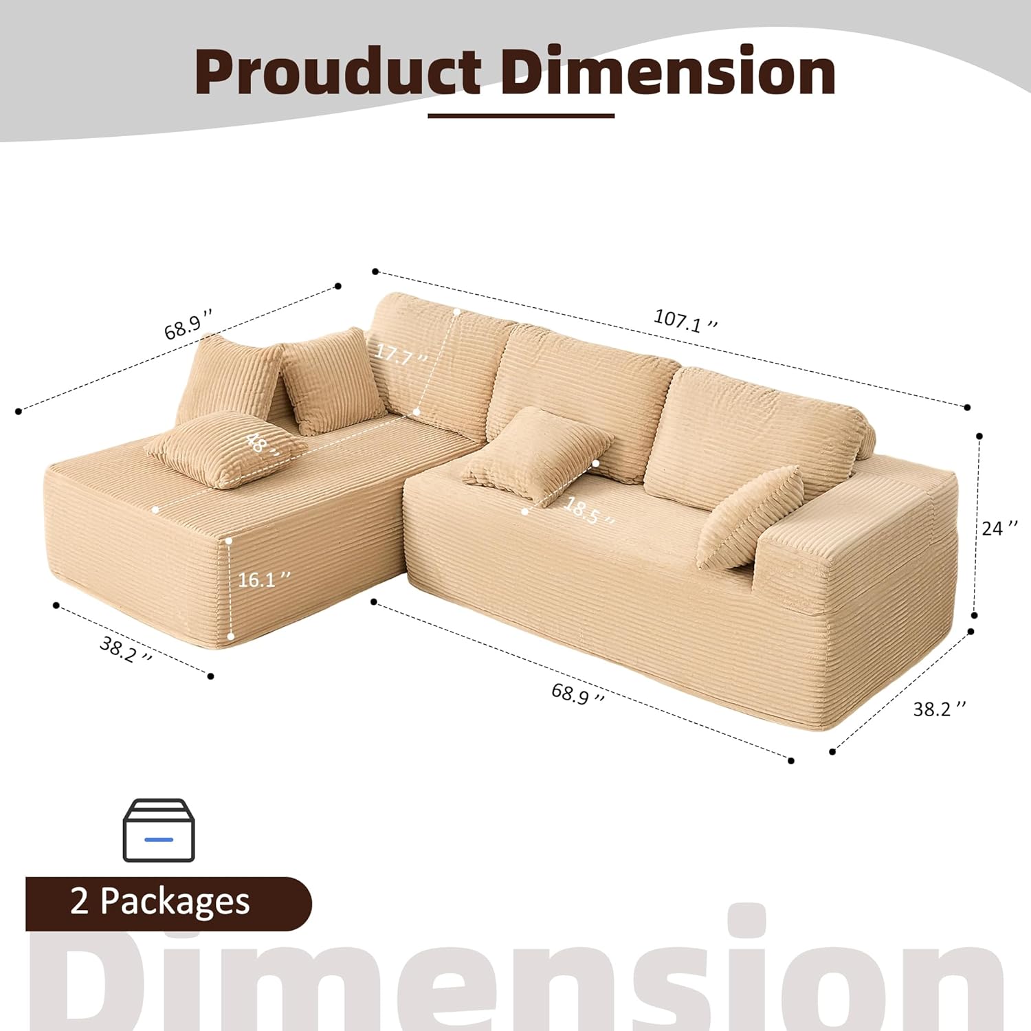 Afuson Boneless Sectional Sofa L Shape Deep Seat Cloud Couch Living Room