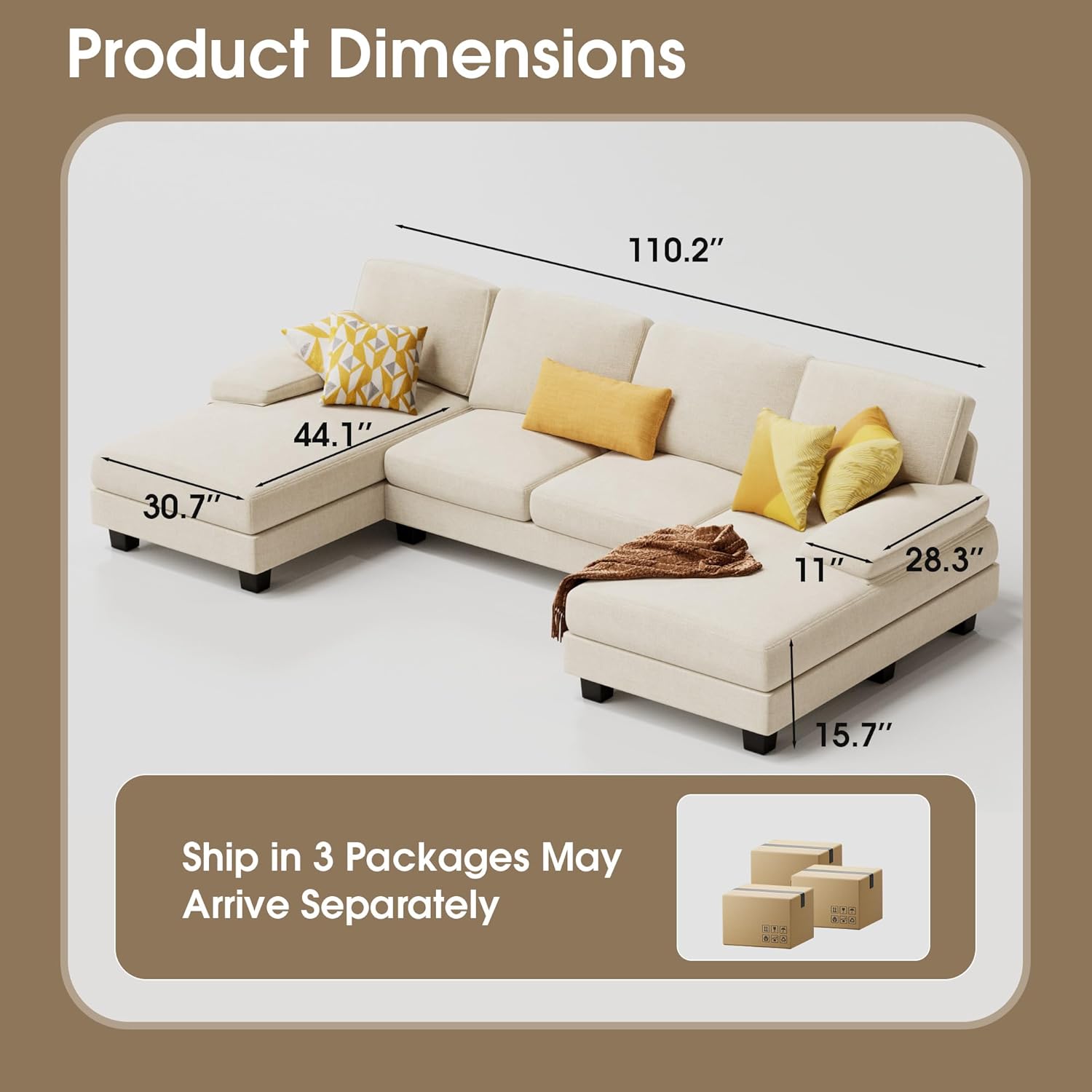Furmax U-Shaped Sectional Sofa Couch 4 Seat Linen Fabric Double Chaise