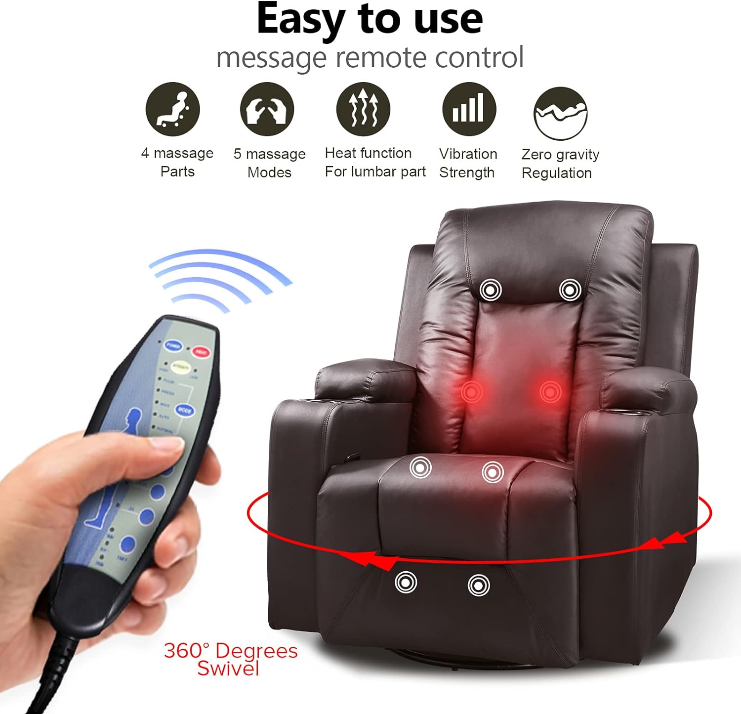 COMHOMA PU Leather Recliner Chair Heated Massage Swivel Rocker Brown