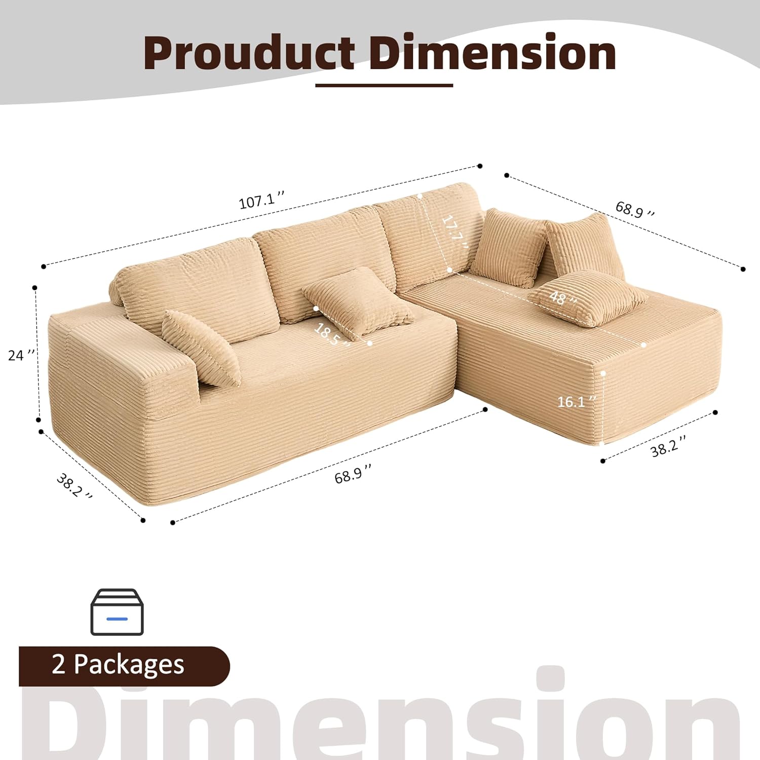 Afuson Boneless Sectional Sofa L Shape Deep Seat Cloud Couch Living Room