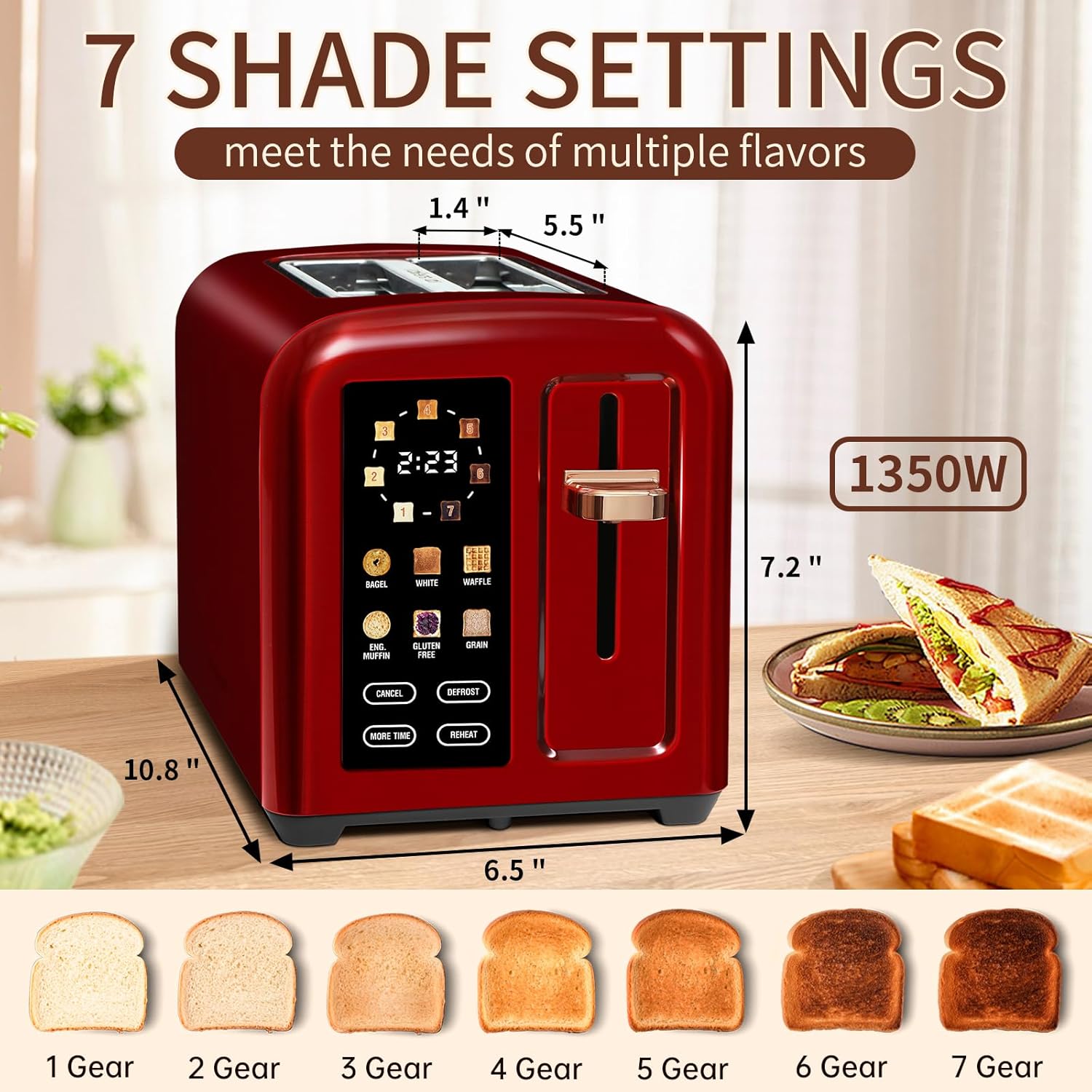 SEEDEEM 4 Slice Touch Screen Toaster LCD Display 7 Shade Settings Wide Slots 1800W