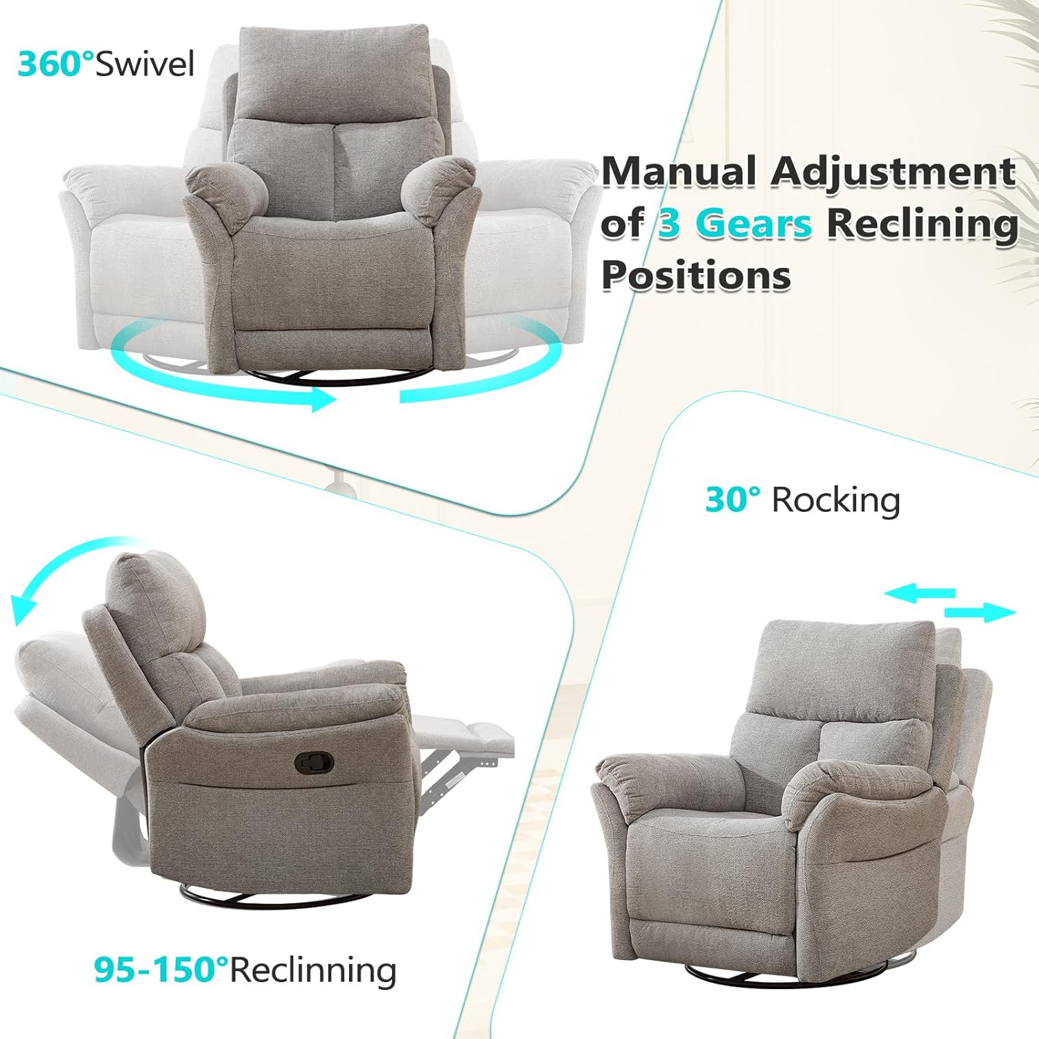 ANJ Swivel Rocker Recliner Chair Manual Fabric Small Space