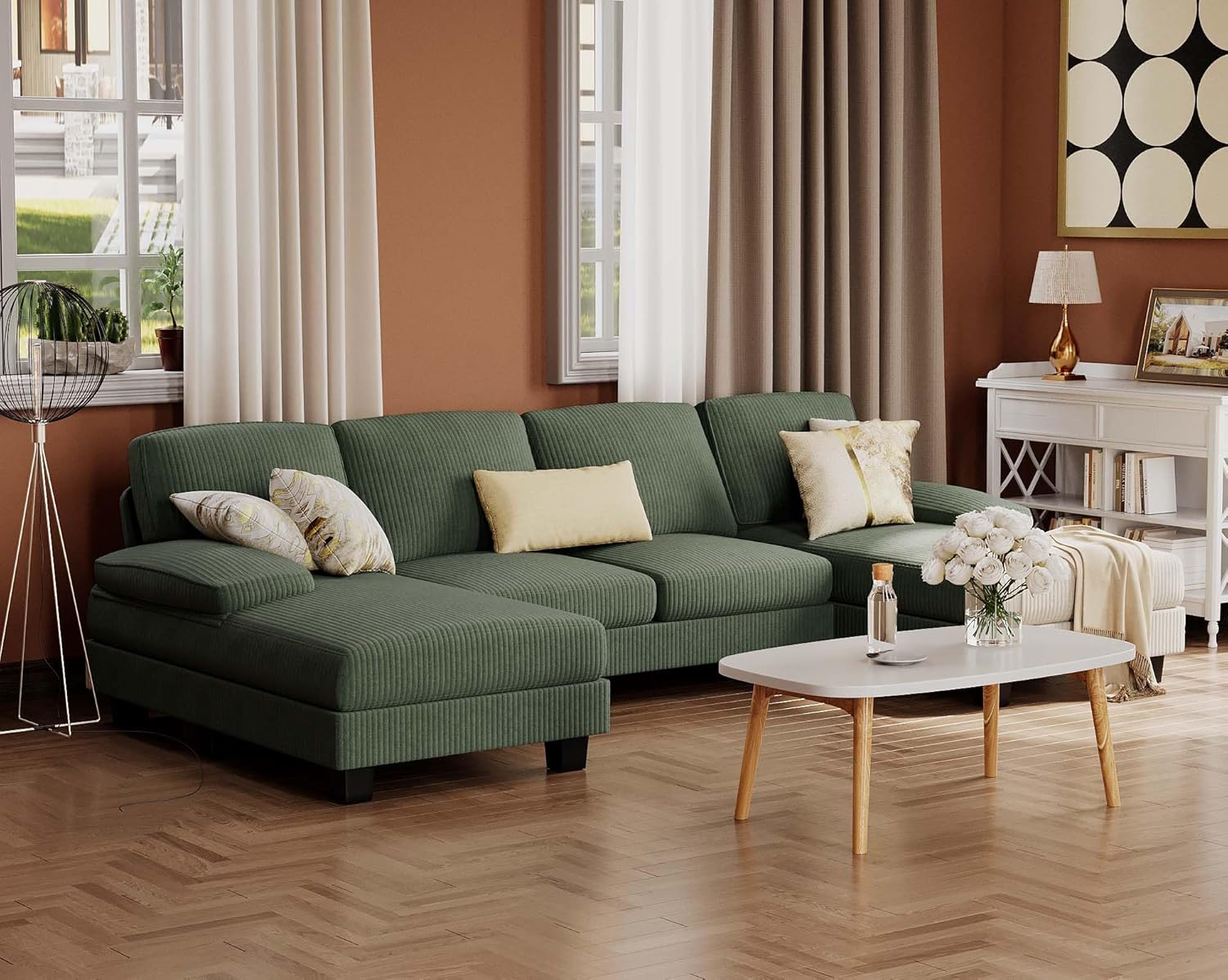 Furmax U-Shaped Sectional Sofa Couch 4 Seat Linen Fabric Double Chaise