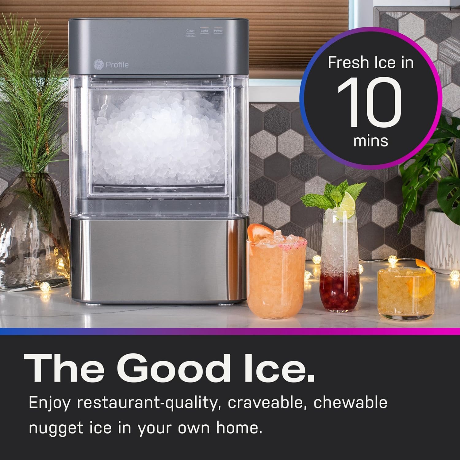 Profile Nugget Ice Maker Countertop 38lbs Smart WiFi Black Stainless Steel