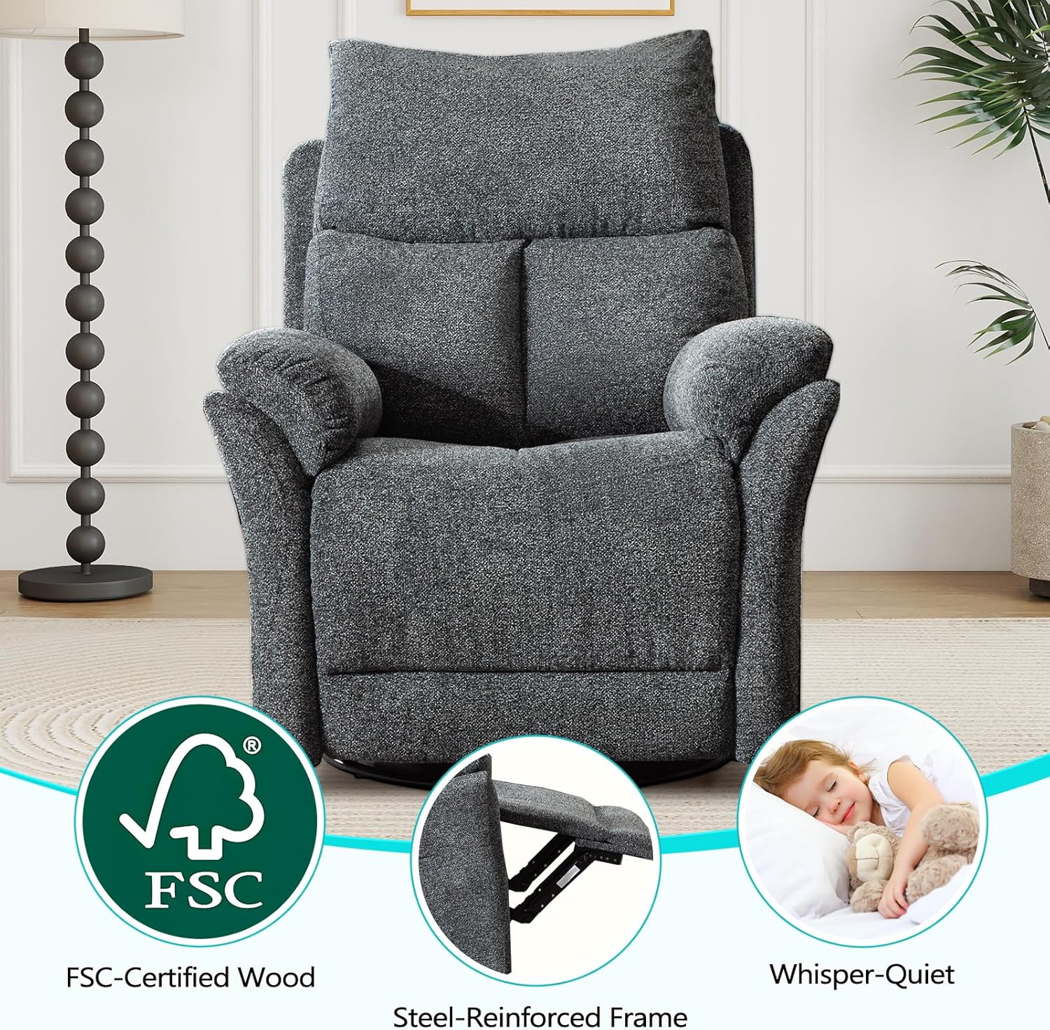 ANJ Swivel Rocker Recliner Chair Manual Fabric Small Space