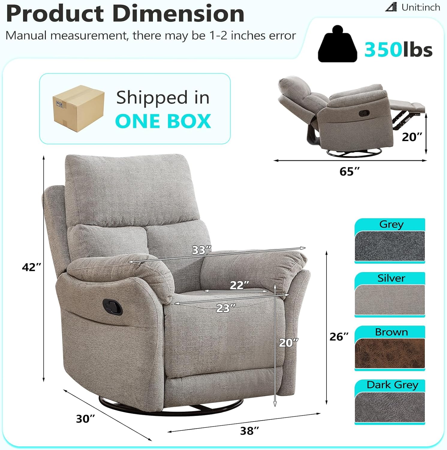 ANJ Swivel Rocker Recliner Chair Manual Fabric Small Space