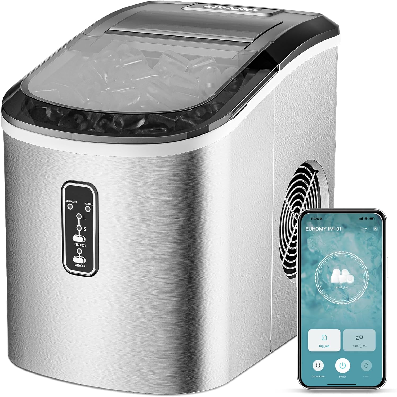 EUHOMY Nugget Ice Maker Countertop Portable 34lbs Daily with Handle