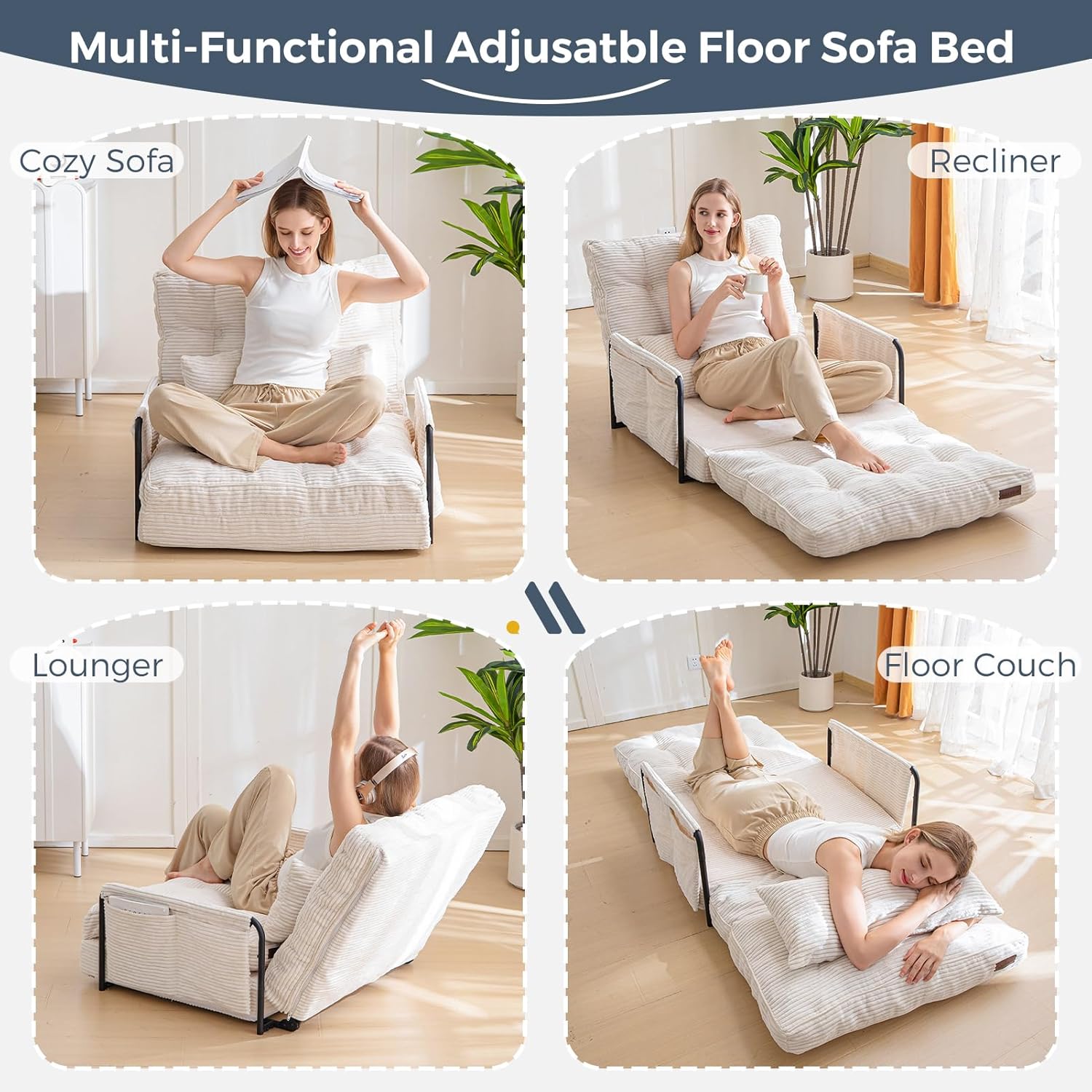 MAXYOYO Adjustable Floor Sofa Bed with Armrest Double Black Foldable Sleeper