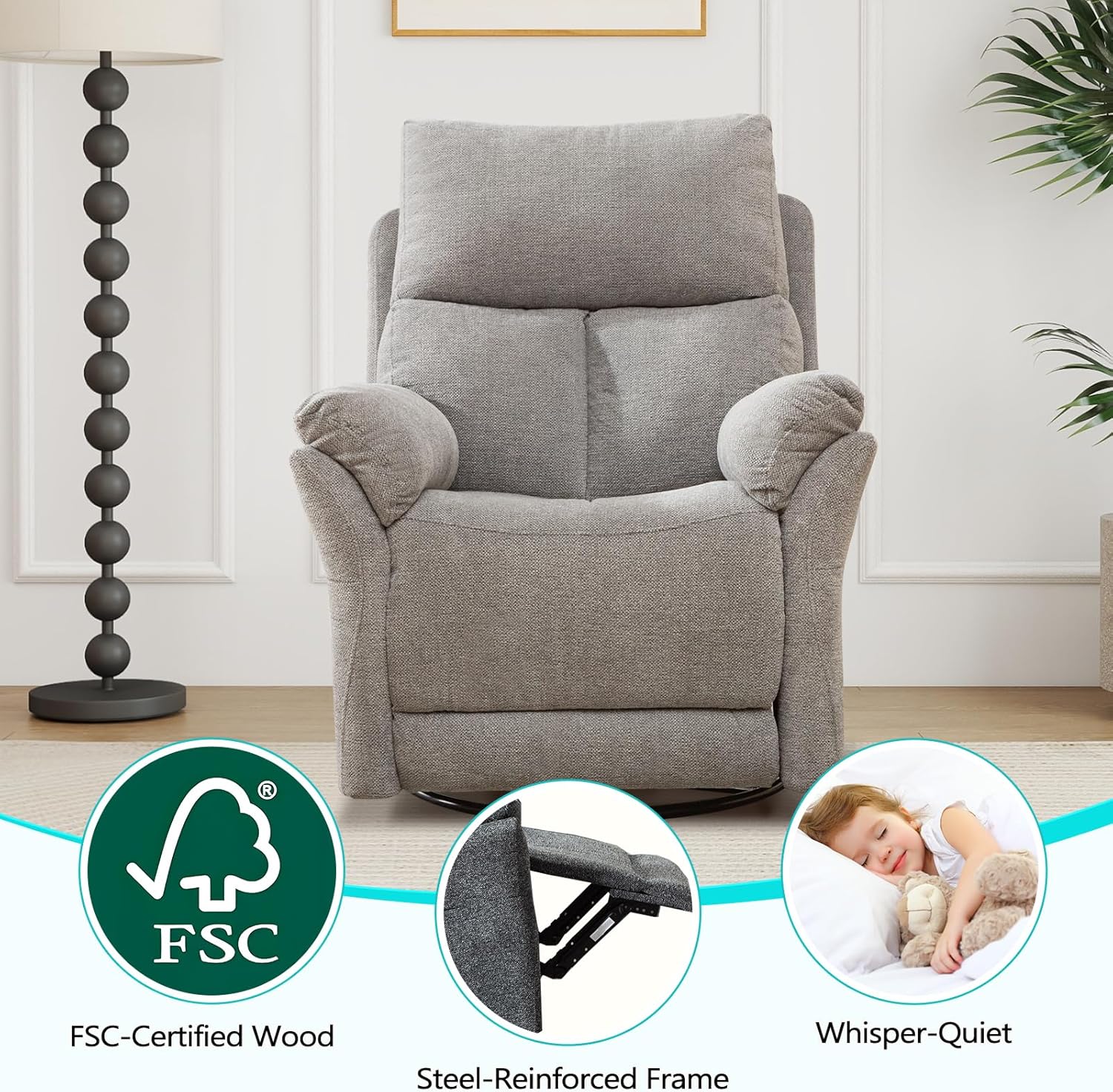 ANJ Swivel Rocker Recliner Chair Manual Fabric Small Space