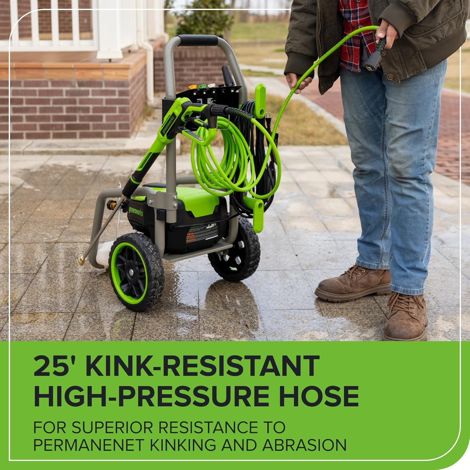 Greenworks 2000 PSI Electric Pressure Washer 13 Amp with Wheels 20 FT Hose 35 FT Cord