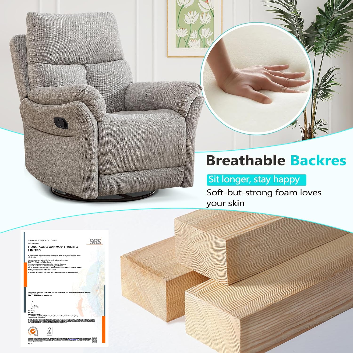 ANJ Swivel Rocker Recliner Chair Manual Fabric Small Space