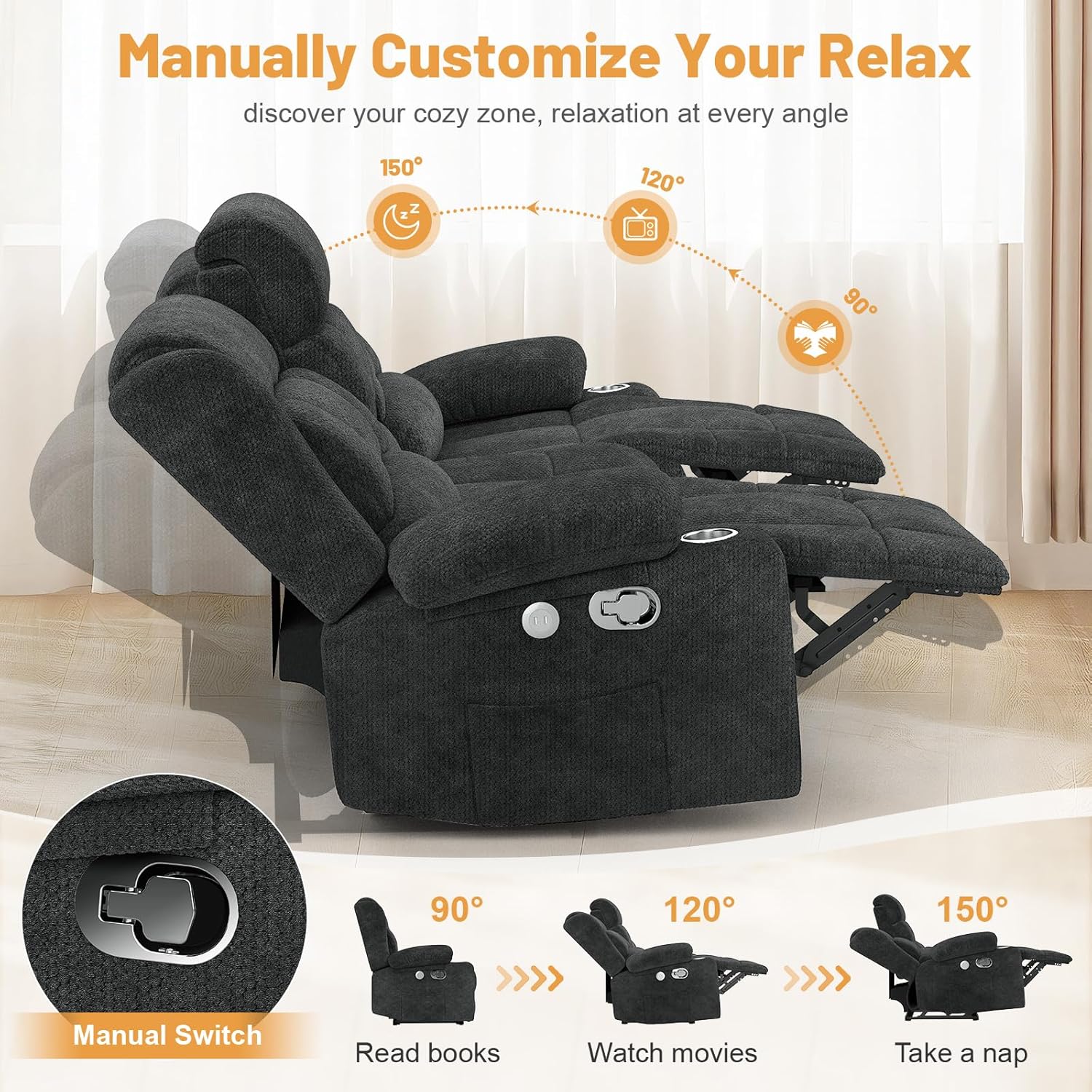 Dresegmt 3 Seat Loveseat Recliner Sofa Flip Middle Storage USB Ports Cup Holders