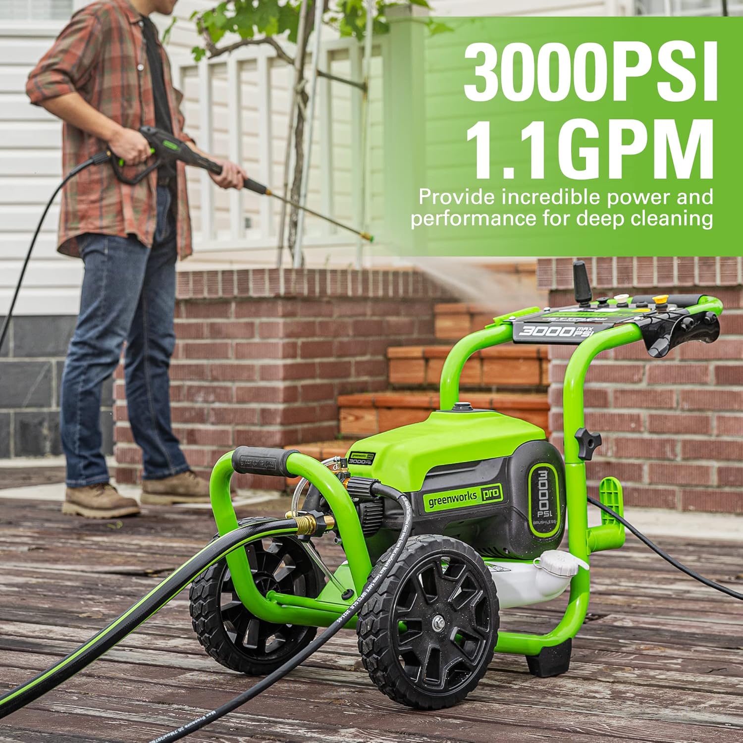 Greenworks 2000 PSI Electric Pressure Washer 13 Amp with Wheels 20 FT Hose 35 FT Cord