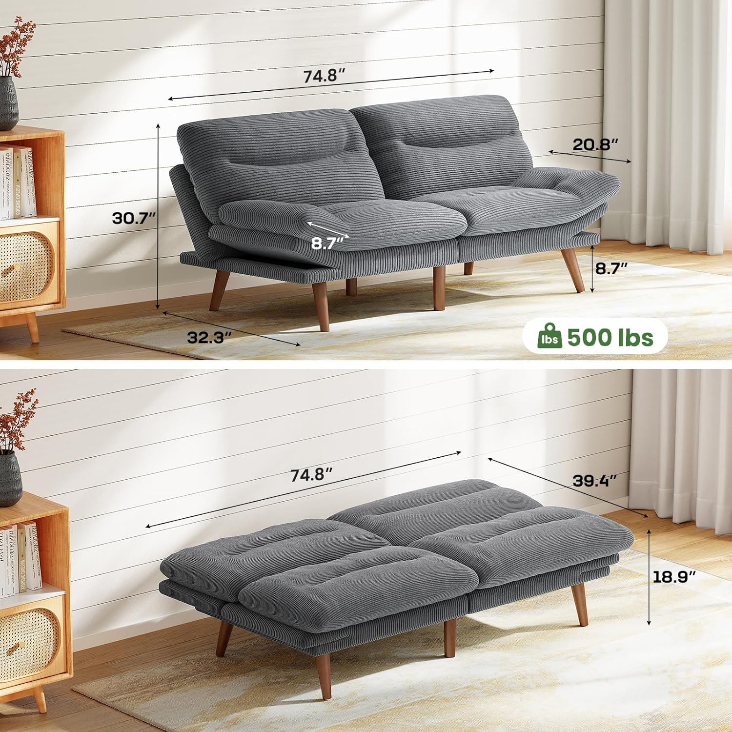 Marsail Futon Sofa Bed Convertible Corduroy Loveseat with Adjustable Backrest