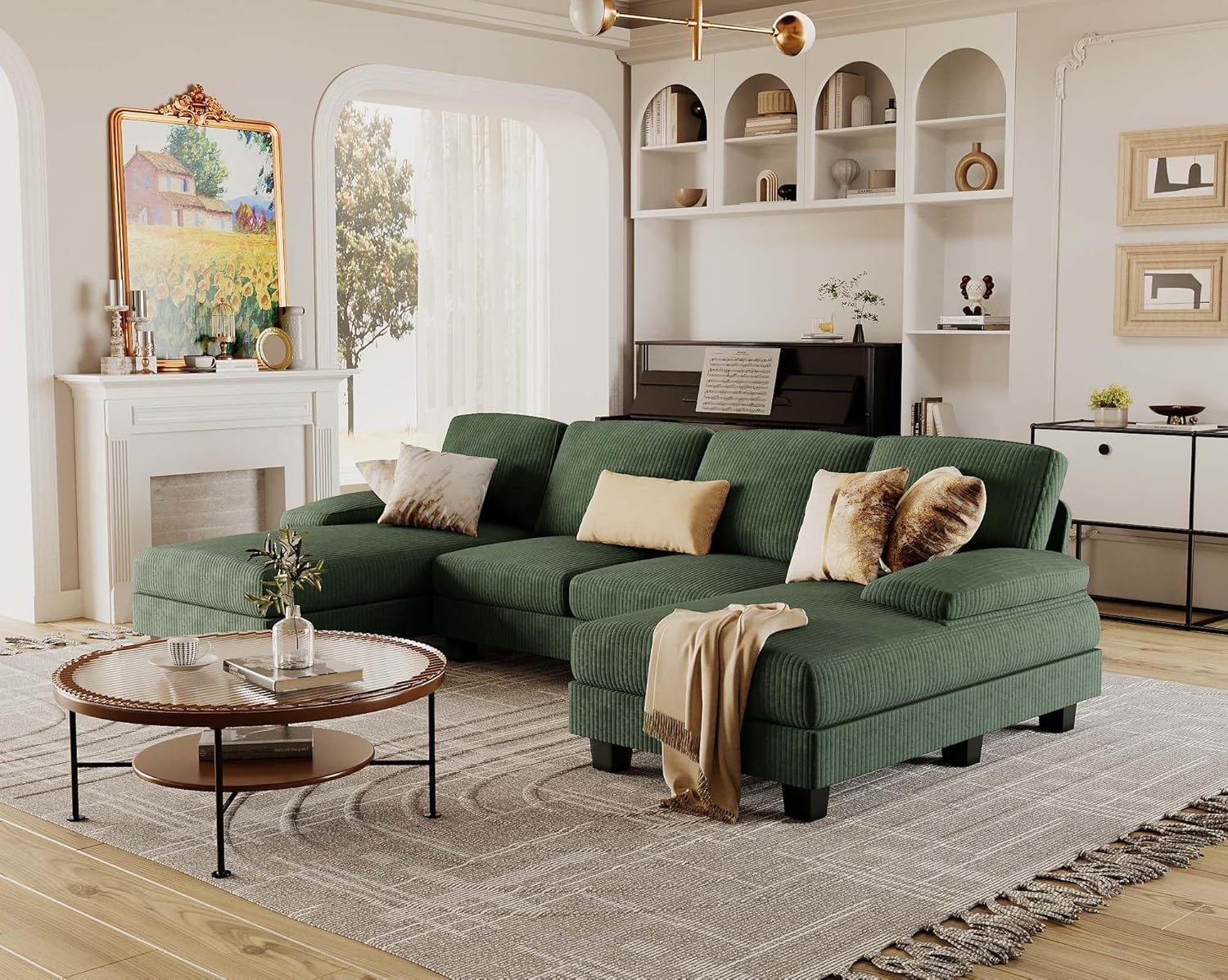 Furmax U-Shaped Sectional Sofa Couch 4 Seat Linen Fabric Double Chaise