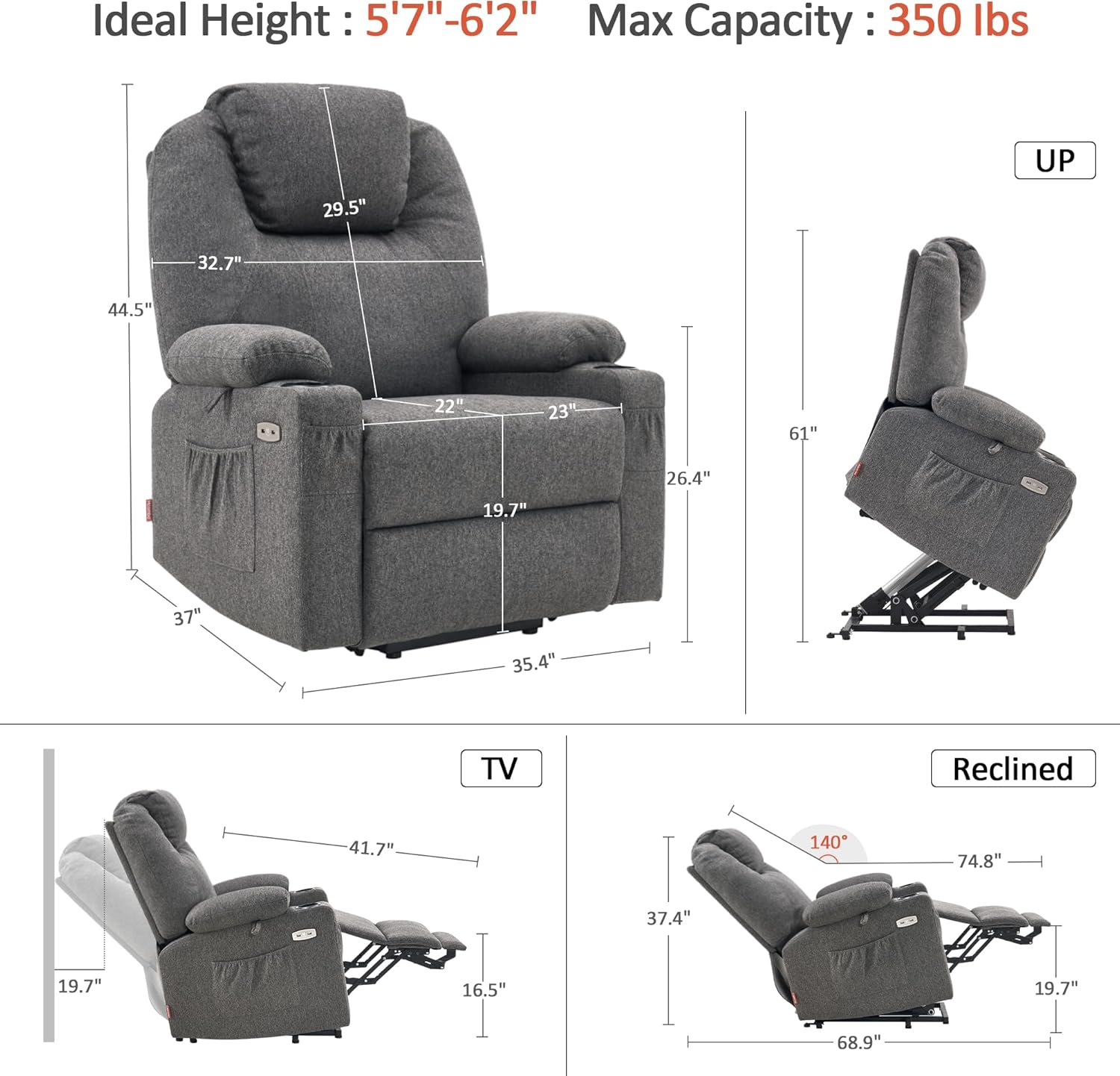 MCombo Power Lift Recliner Chair for Elderly with Heat Massage USB Cup Holders