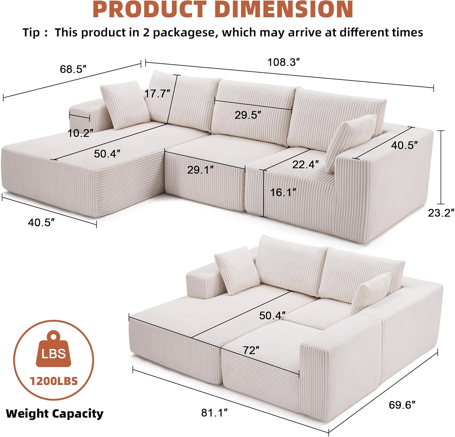 Weture 108" Modular Sectional Sofa Deep Seat Cloud L-Shape Couch with Chaise