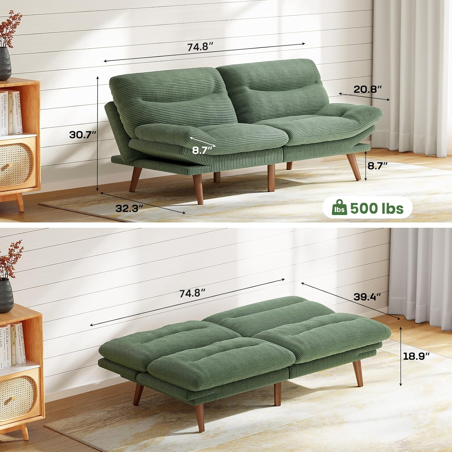 Marsail Futon Sofa Bed Convertible Corduroy Loveseat with Adjustable Backrest