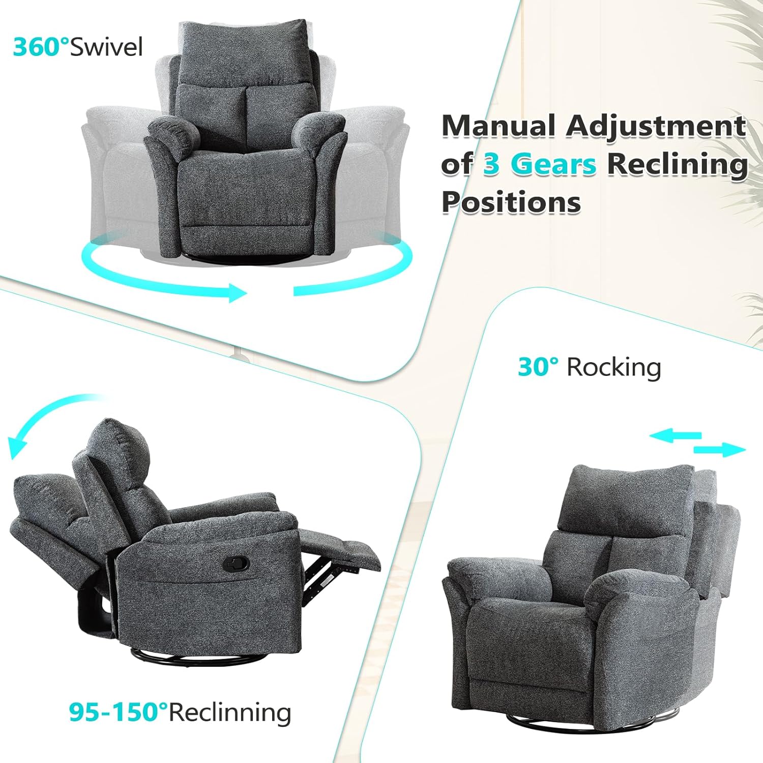 ANJ Swivel Rocker Recliner Chair Manual Fabric Small Space