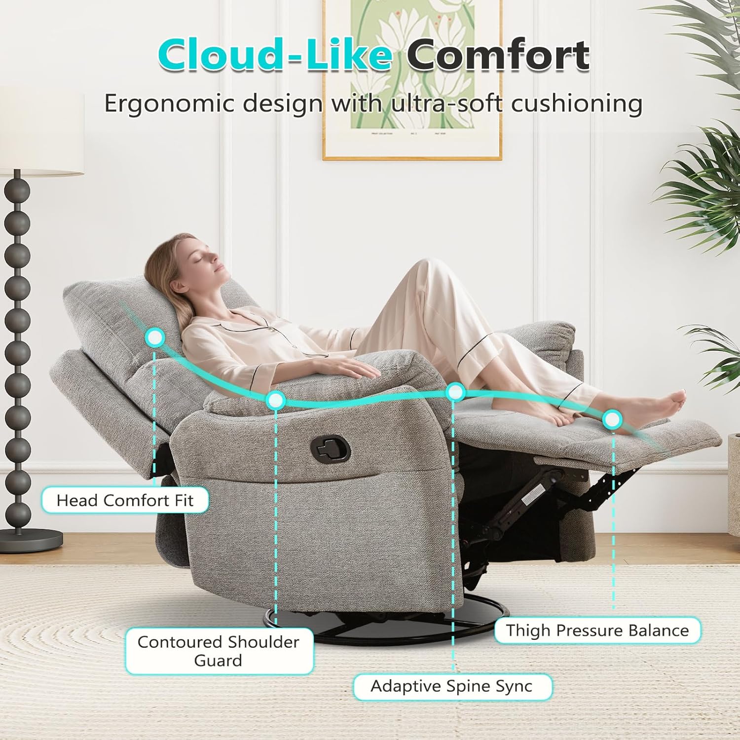 ANJ Swivel Rocker Recliner Chair Manual Fabric Small Space