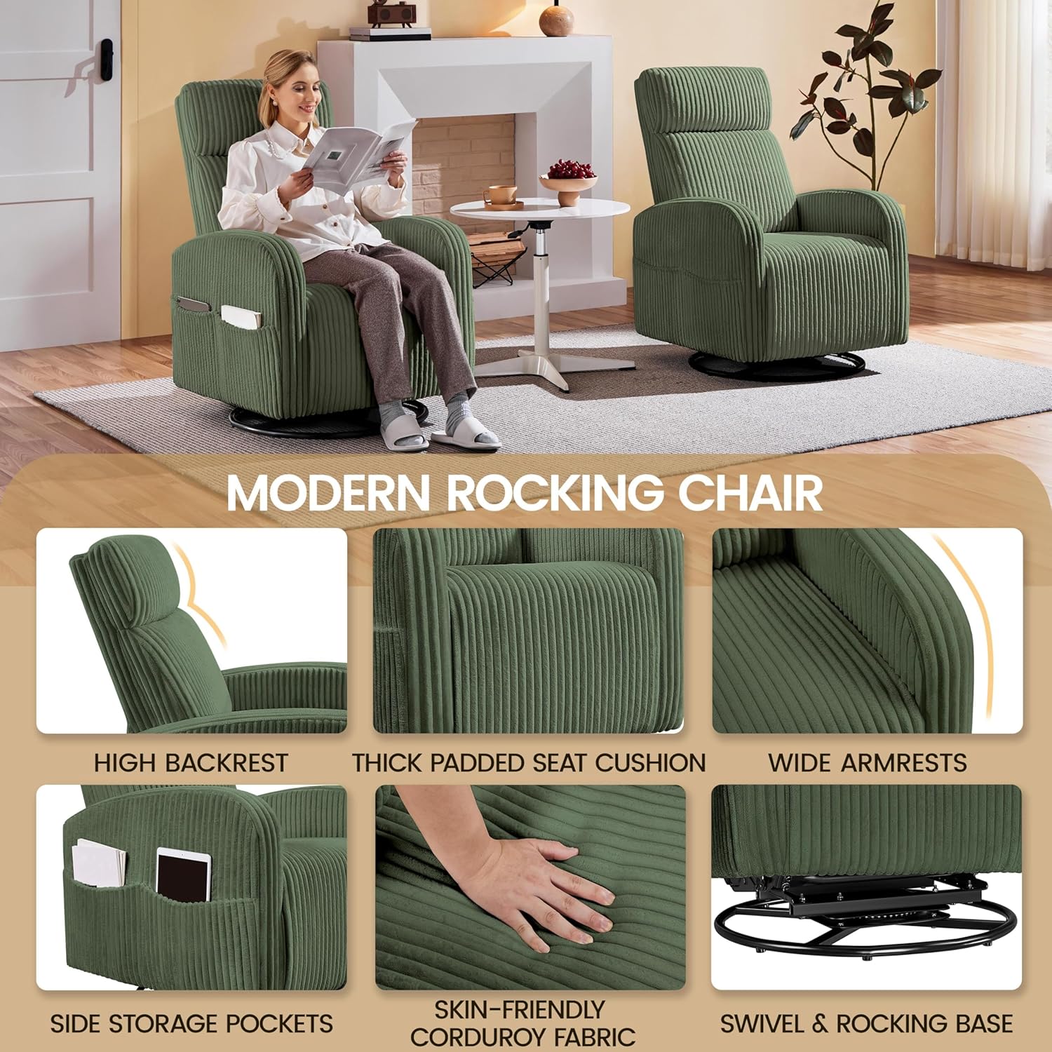 Yaheetech 360 Swivel Glider Chair Nursery Corduroy Rocking Nursing Chair with Pockets