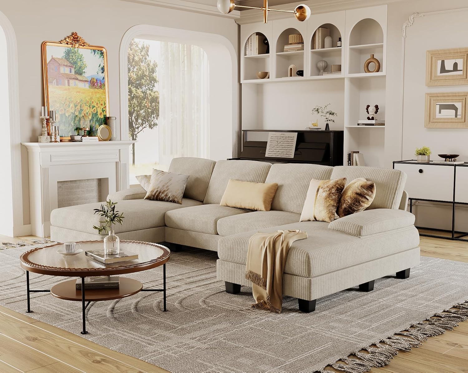 Furmax U-Shaped Sectional Sofa Couch 4 Seat Linen Fabric Double Chaise