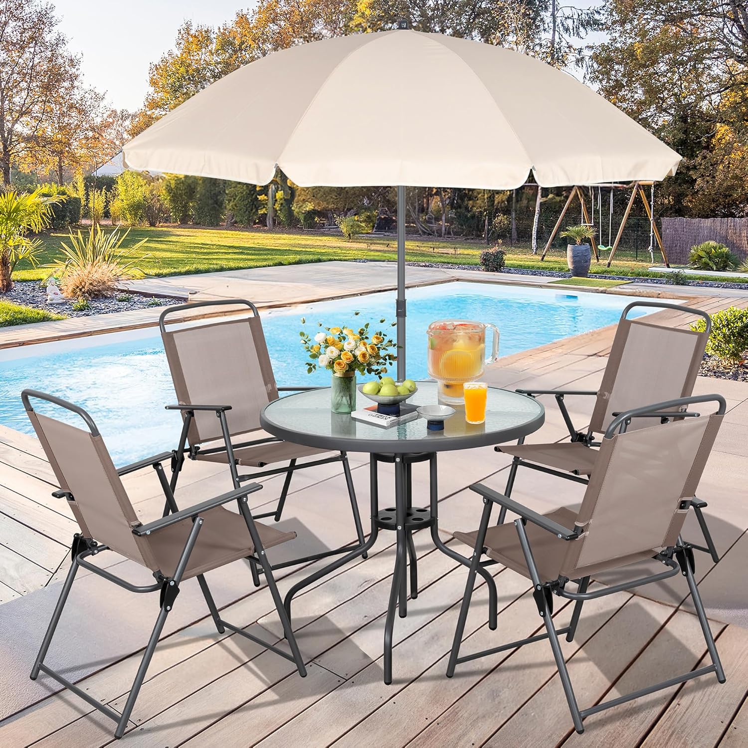 Vongrasig 6 Piece Folding Patio Dining Set Outdoor Table with 4 Chairs Umbrella