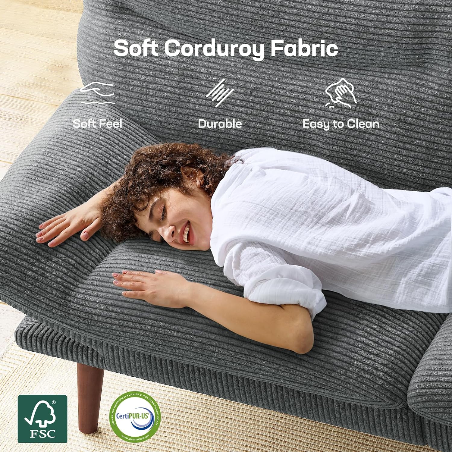 Marsail Futon Sofa Bed Convertible Corduroy Loveseat with Adjustable Backrest