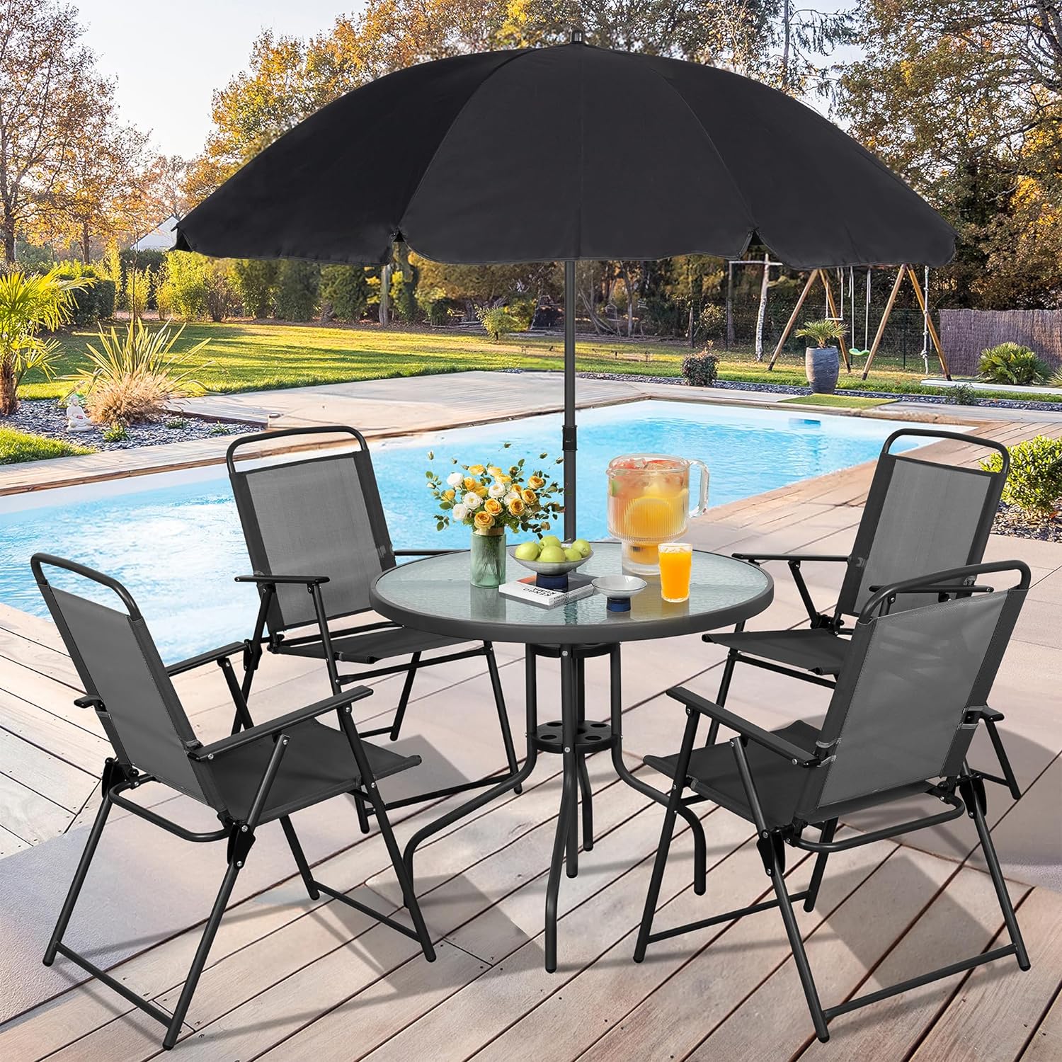 Vongrasig 6 Piece Folding Patio Dining Set Outdoor Table with 4 Chairs Umbrella