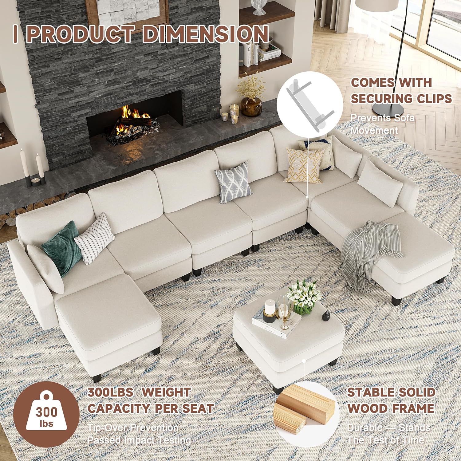 Huatean Home Modular Sectional Sofa U Shaped Couch 6 Seat Convertible High Density Foam