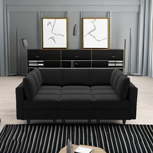 Belffin Reversible Modular Sectional Sofa with Ottomans Velvet Sleeper Chaise Bed Storage Seat Black