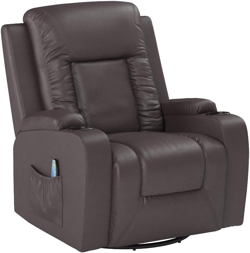 COMHOMA PU Leather Recliner Chair Heated Massage Swivel Rocker Brown