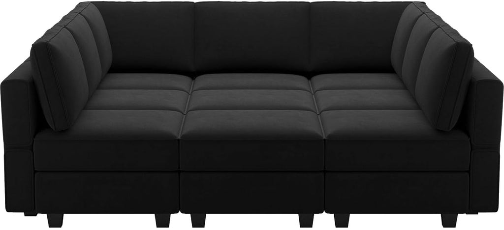 Belffin Reversible Modular Sectional Sofa with Ottomans Velvet Sleeper Chaise Bed Storage Seat Black