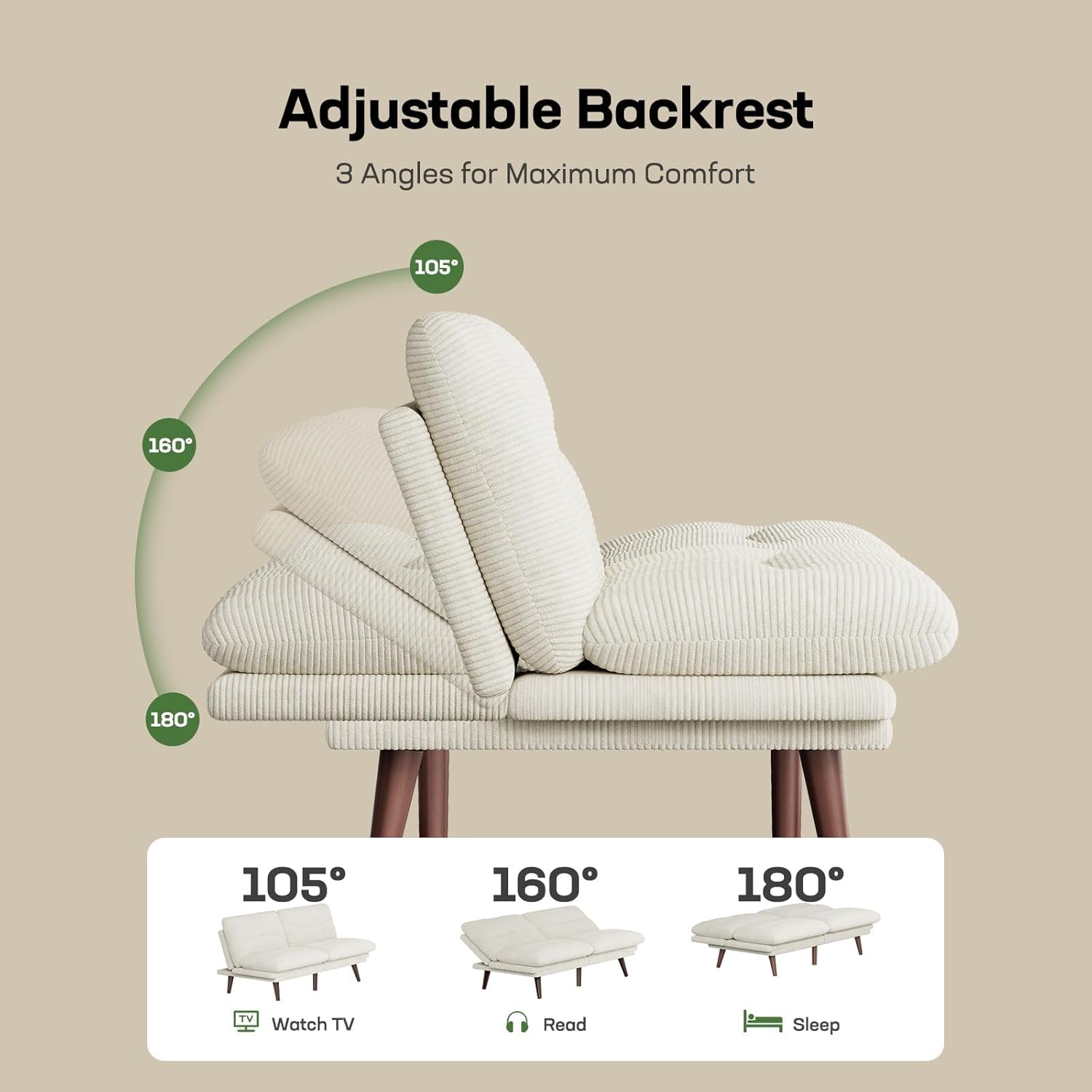 Marsail Futon Sofa Bed Convertible Corduroy Loveseat with Adjustable Backrest