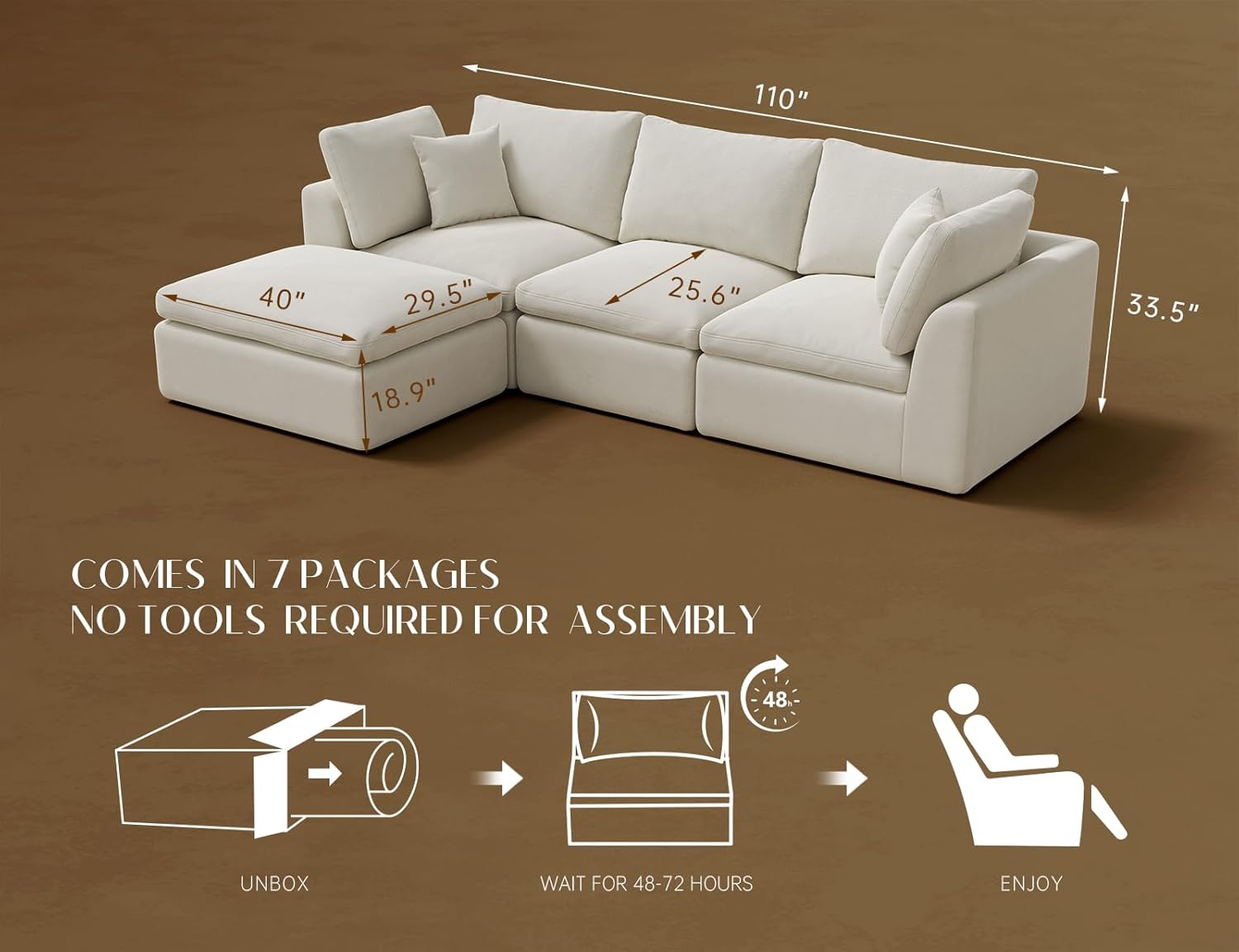 ohllob 110" Cloud Sectional Sofa L Shape Modular Couch with Ottoman 3 Seater