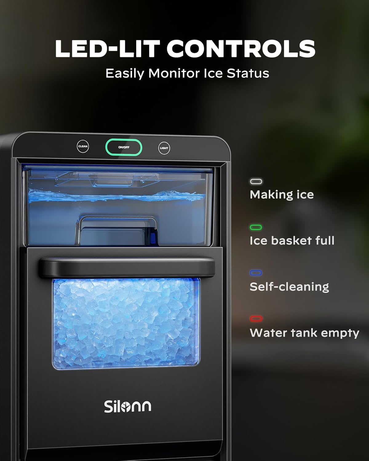 Silonn Nugget Ice Maker Countertop 44lbs Daily Stainless Steel Ice Machine