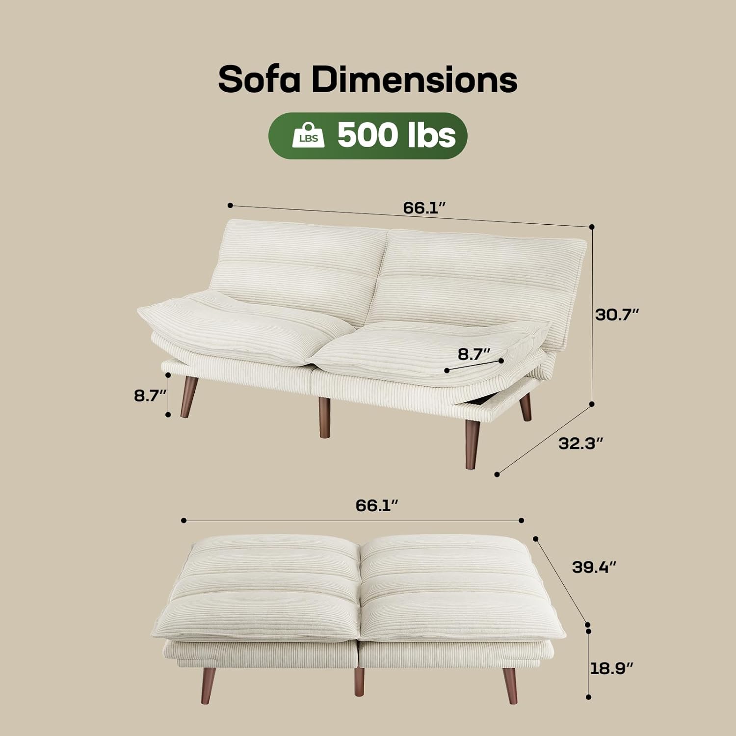 Marsail Futon Sofa Bed Convertible Corduroy Loveseat with Adjustable Backrest